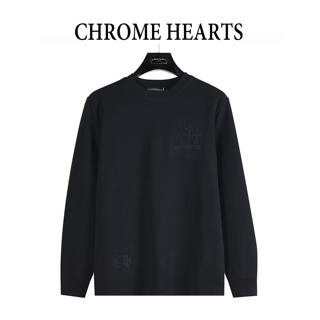 本地自取💰160（支持放店）
ChromeHearts/克罗心 25Fw 胸口暗纹十字架梵文立体刺绣长袖T恤
定织定染 水洗柔滑长绒棉、克重310克、最新专柜款，打底衫长袖
厚实有型，购入原版开模打造，全套定制辅料，所有细节完美还原
设计风格依然融合摇滚朋克、街头嘻哈等低调的奢华风格，很有他家特色的感觉。
胸口十字架立体刺绣，下摆梵文字母刺绣
成衣克重很高，触感细腻厚实柔软，质地透气，
上身效果舒适性极强，秋冬打底必备。
更藏肉显瘦，男女都能驾驭，上身效果超赞。
颜色：黑色、白色                        
Size: M-XXXL