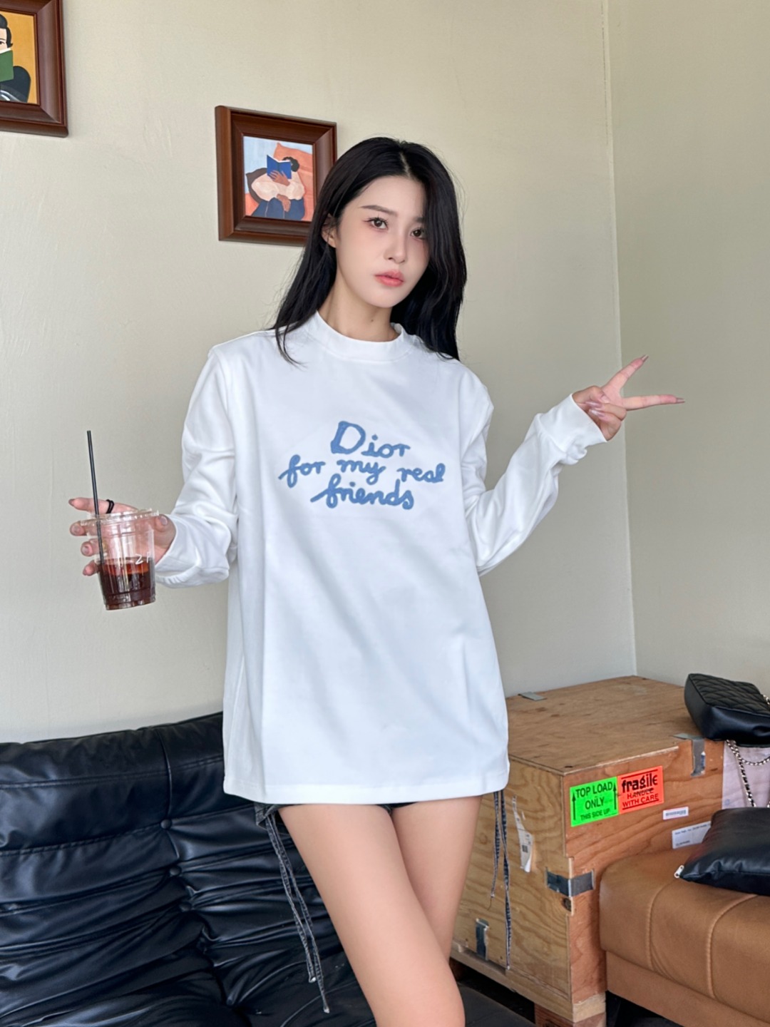 Dior/迪奥 And Hylton Nel联名 标语刺绣长袖T恤 上身效果#