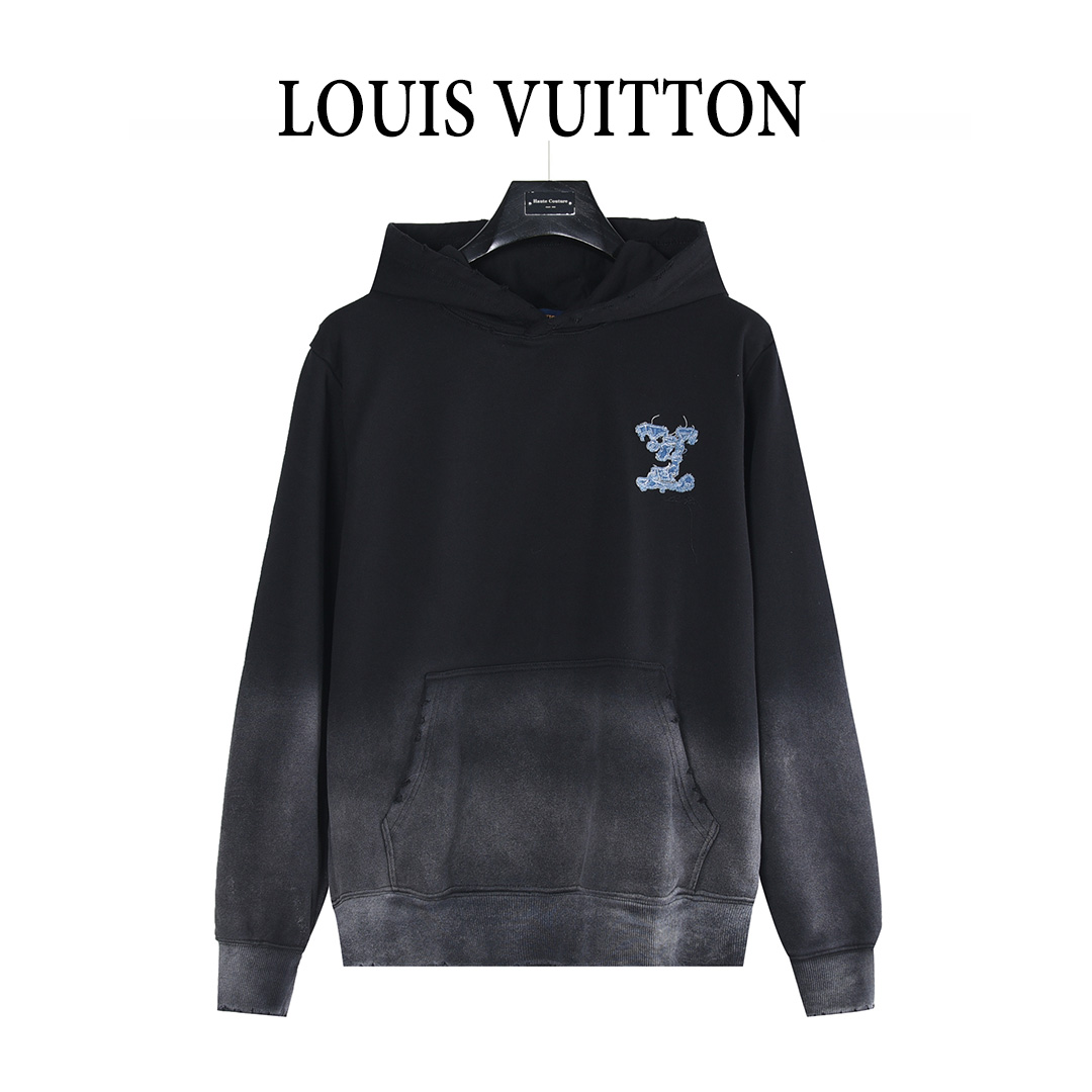 Louis Vuitton/路易威登 25Fw 云朵牛仔logo贴布刺绣水洗破洞连帽卫衣 水洗黑 水洗白