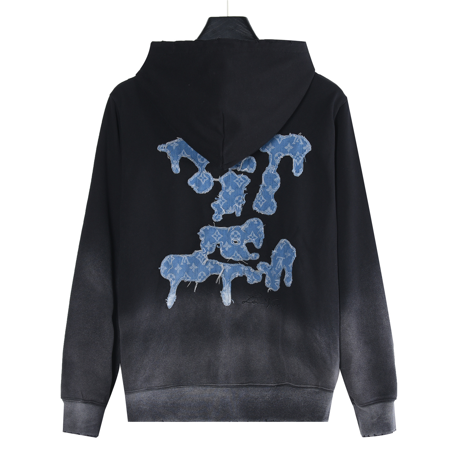 Louis Vuitton/路易威登 25Fw 云朵牛仔logo贴布刺绣水洗破洞连帽卫衣 水洗黑 水洗白