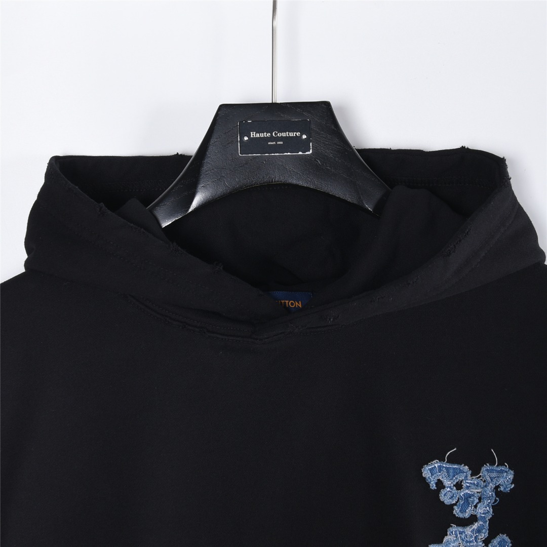 Louis Vuitton/路易威登 25Fw 云朵牛仔logo贴布刺绣水洗破洞连帽卫衣 水洗黑 水洗白