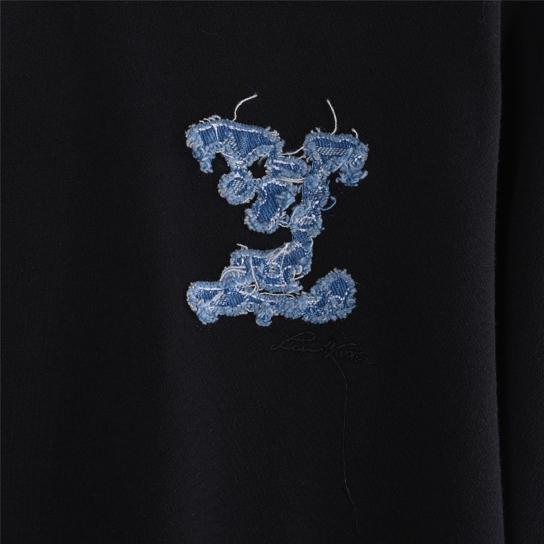 Louis Vuitton/路易威登 25Fw 云朵牛仔logo贴布刺绣水洗破洞连帽卫衣 水洗黑 水洗白