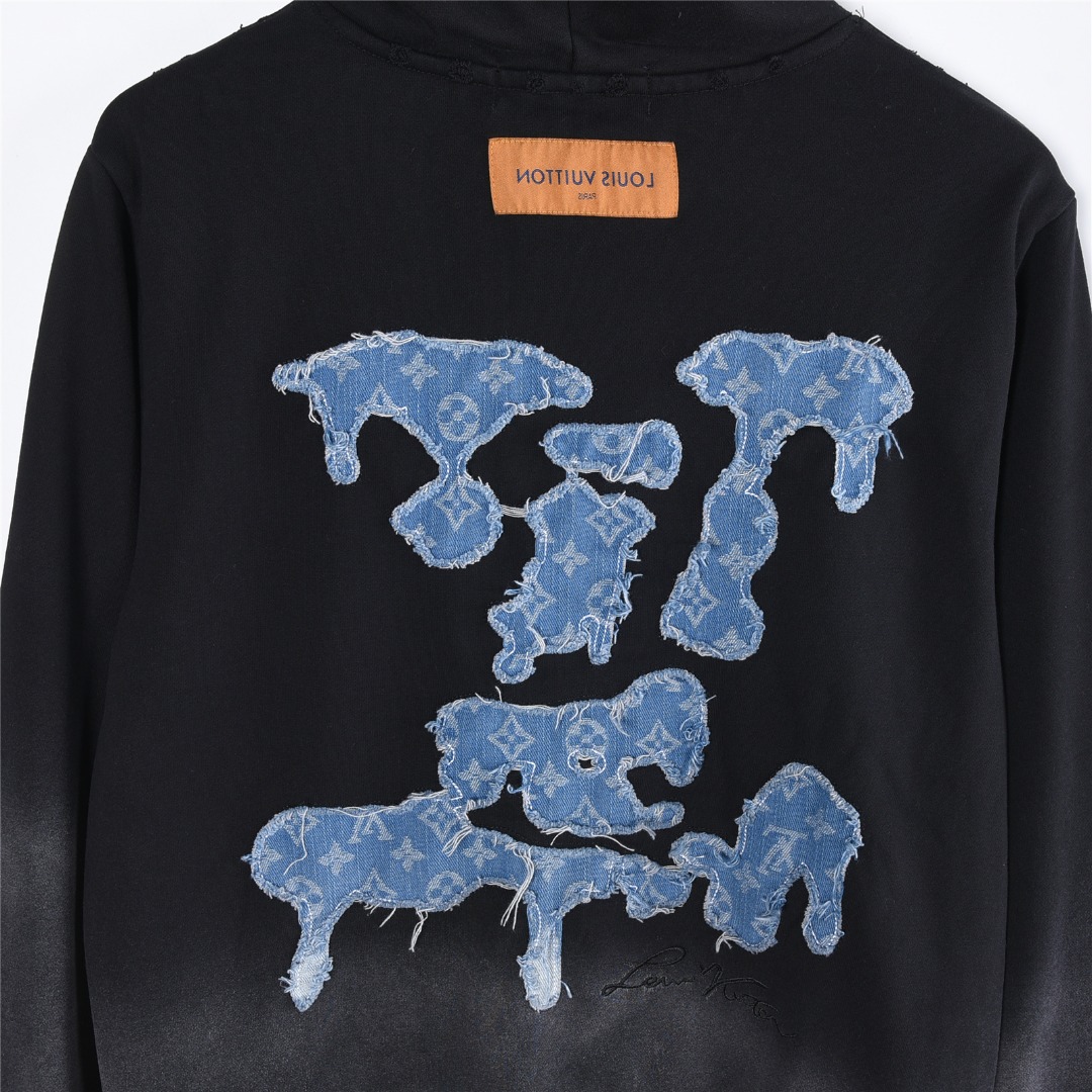 Louis Vuitton/路易威登 25Fw 云朵牛仔logo贴布刺绣水洗破洞连帽卫衣 水洗黑 水洗白