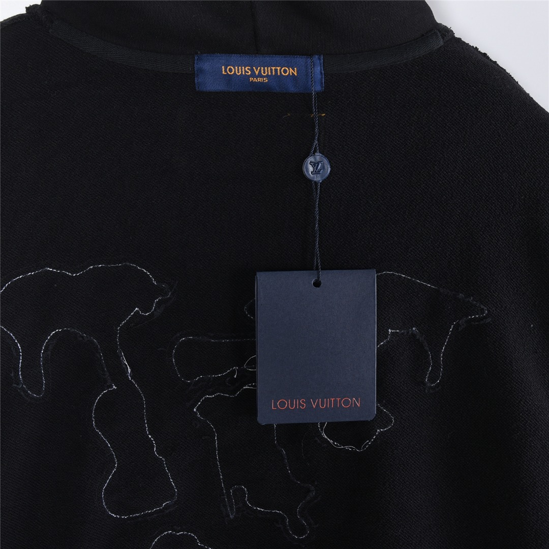Louis Vuitton/路易威登 25Fw 云朵牛仔logo贴布刺绣水洗破洞连帽卫衣 水洗黑 水洗白