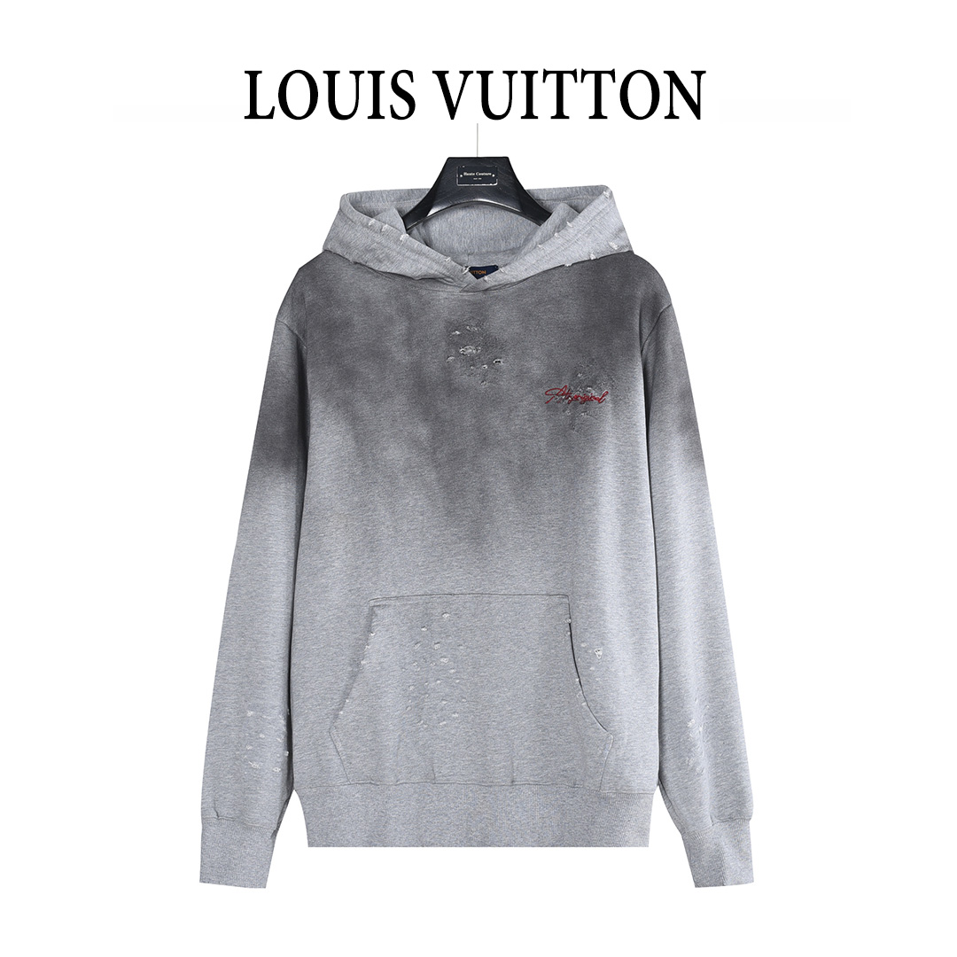 Louis Vuitton/路易威登 25Fw 后背花卉字母刺绣水洗破洞连帽卫衣 水洗黑 水洗白 水洗灰