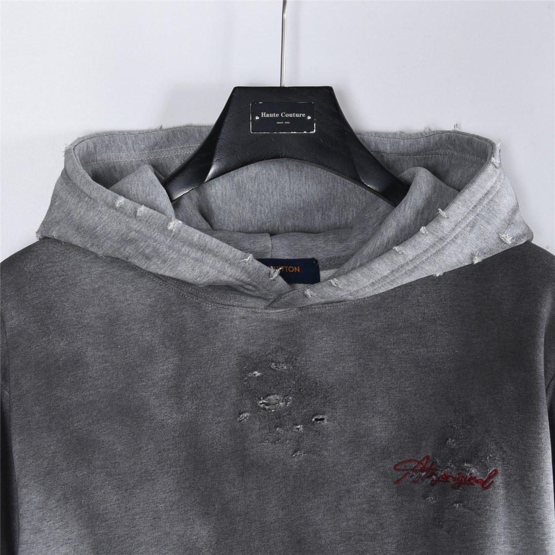 Louis Vuitton/路易威登 25Fw 后背花卉字母刺绣水洗破洞连帽卫衣 水洗黑 水洗白 水洗灰