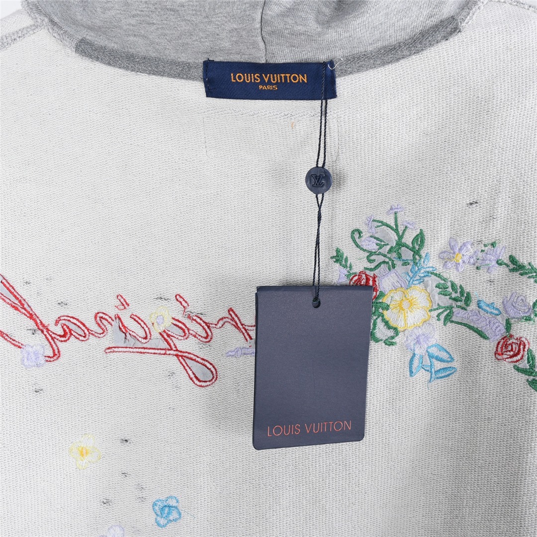 Louis Vuitton/路易威登 25Fw 后背花卉字母刺绣水洗破洞连帽卫衣 水洗黑 水洗白 水洗灰