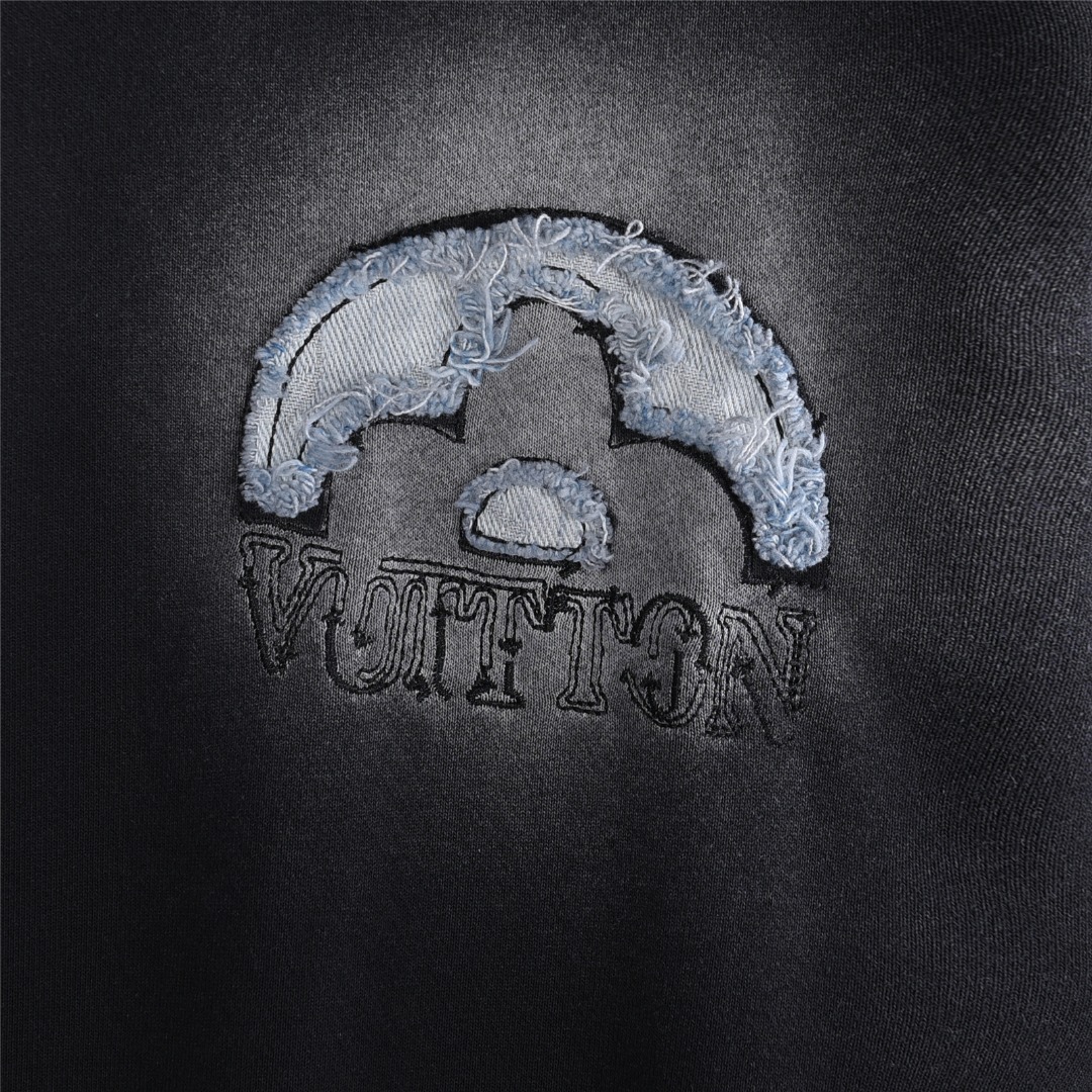 Louis Vuitton/路易威登 25Fw 四叶草logo牛仔贴布刺绣水洗破洞连帽卫衣 水洗黑 水洗白