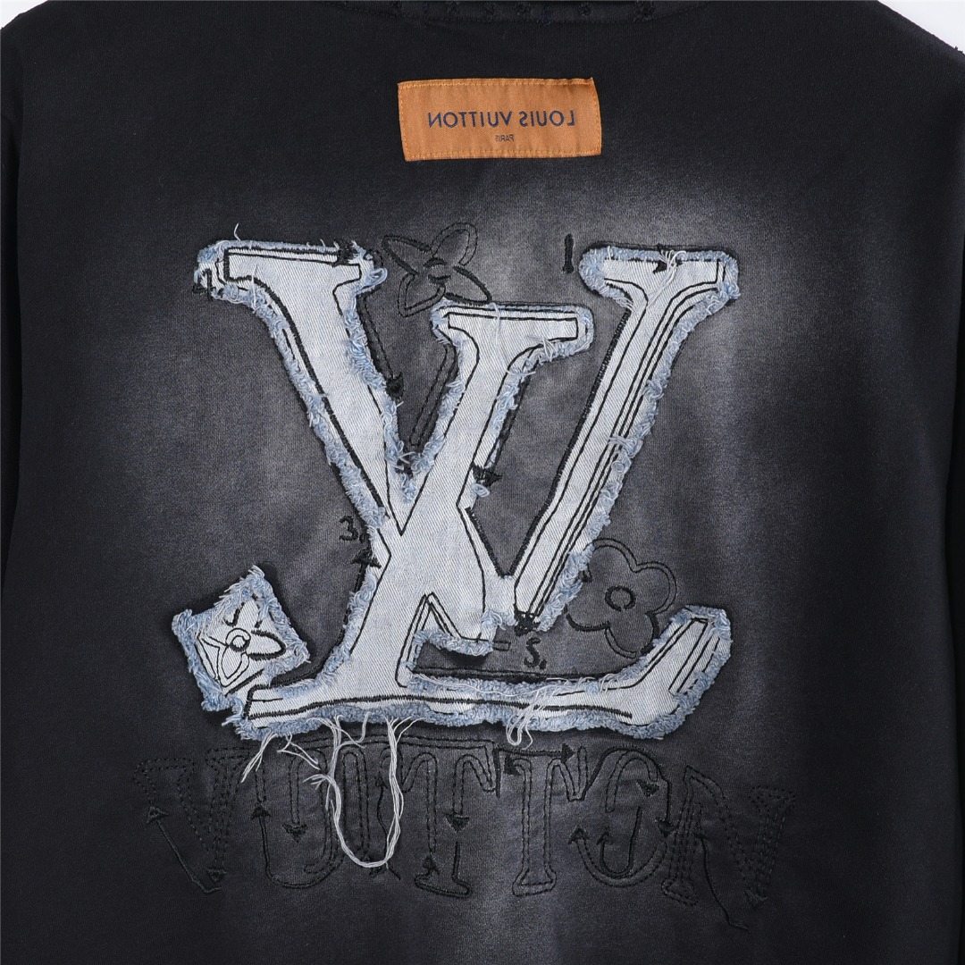 Louis Vuitton/路易威登 25Fw 四叶草logo牛仔贴布刺绣水洗破洞连帽卫衣 水洗黑 水洗白