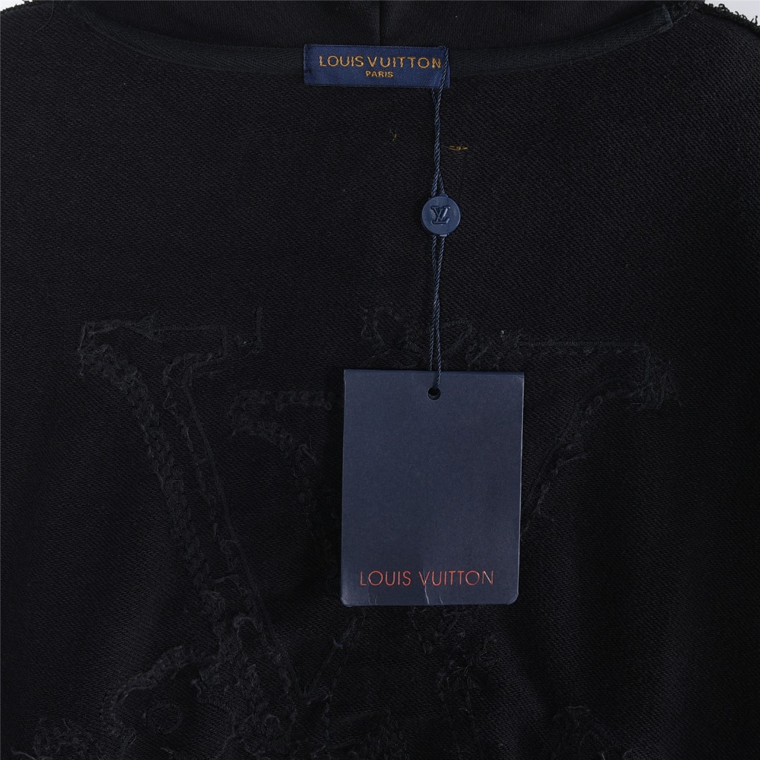 Louis Vuitton/路易威登 25Fw 四叶草logo牛仔贴布刺绣水洗破洞连帽卫衣 水洗黑 水洗白