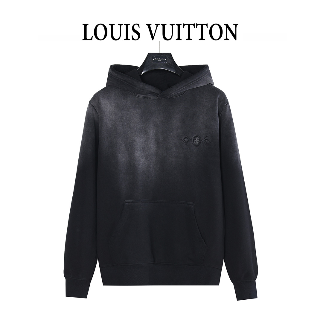 Louis Vuitton/路易威登 三花及云朵大logo裁剪贴布刺绣水洗破洞连帽卫衣水洗黑 水洗白