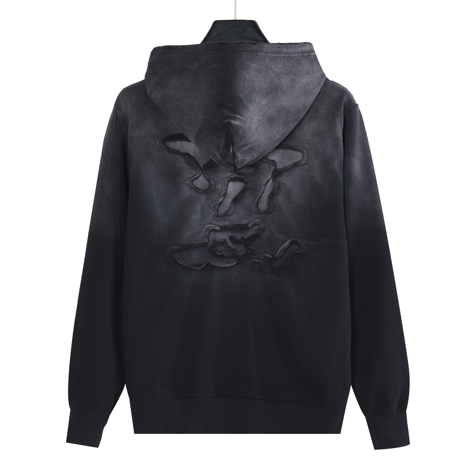 Louis Vuitton/路易威登 三花及云朵大logo裁剪贴布刺绣水洗破洞连帽卫衣水洗黑 水洗白
