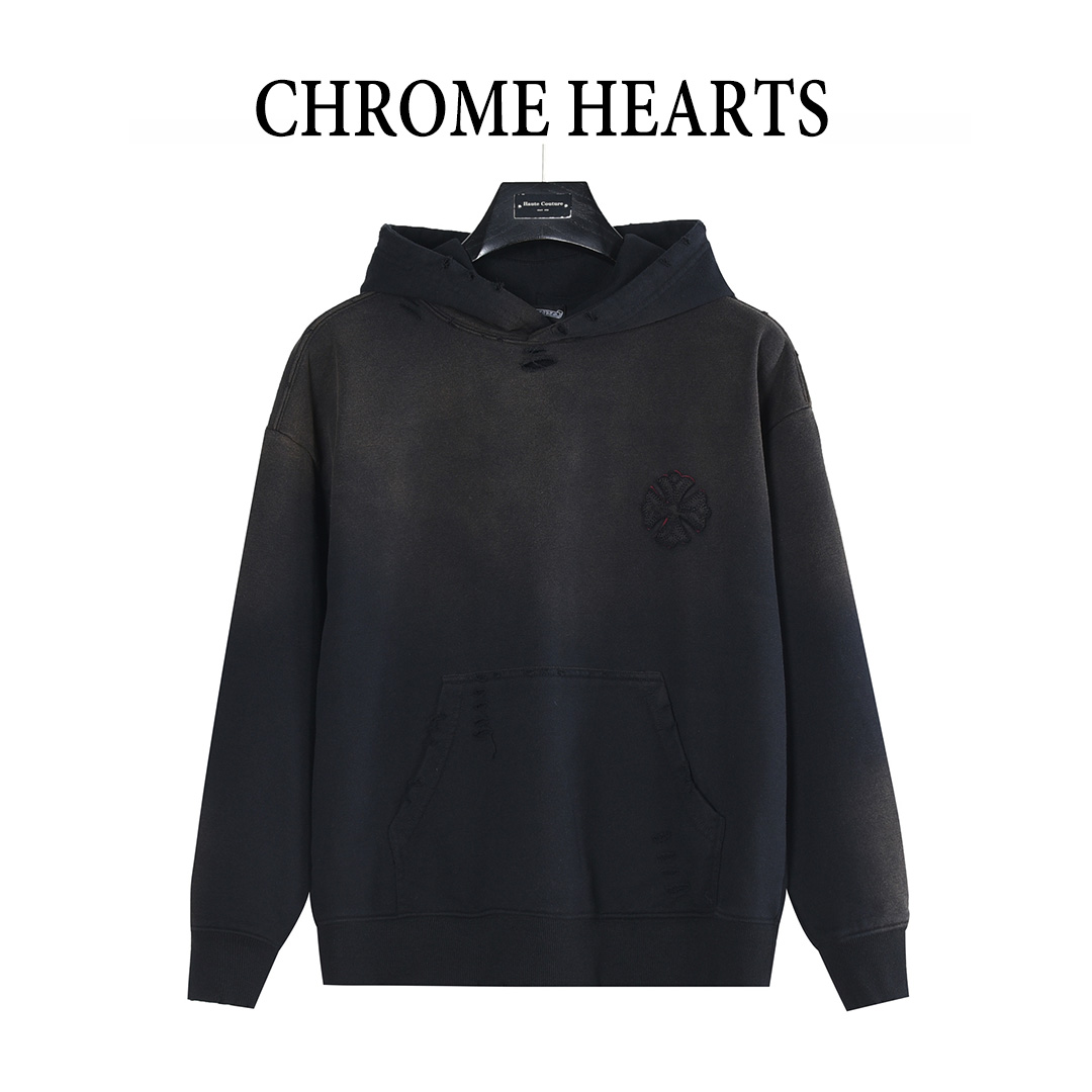 本地自取💰280（支持放店）
Chrome Hearts/克罗心 重工十字架贴布绣水洗烧花破洞连帽卫衣
采用双股双纱430克纯棉卫衣面料 面料采用双股并线加捻的织造 
比单股纱线强度提升40% 形成类似牛肚纹理的立体肌理
 既保持纯棉的吸湿透气性 又通过双股加厚实现柔软不软塌
激光烧花贴布绣 磨破工艺 胸前贴布微标
 后幅大logo十字架图案重工激光烧花立体贴布绣图案设计 
水洗磨破 成衣整体呈现慵懒风 无论是日常出街 还是运动健身 
都能展现你的潮流态度 成为街头焦点 三标全齐
OS宽松版型
颜色：水洗黑  水洗白 
Size: S-XL