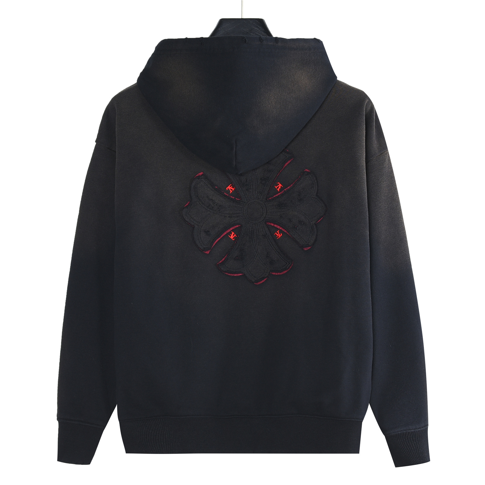 Chrome Hearts/克罗心 重工十字架贴布绣水洗烧花破洞连帽卫衣 水洗黑 水洗白