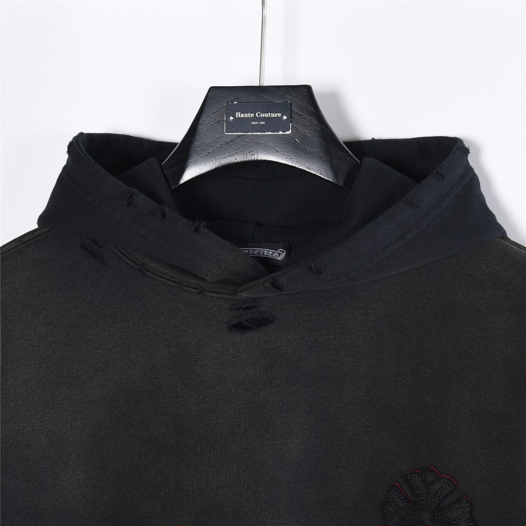 Chrome Hearts/克罗心 重工十字架贴布绣水洗烧花破洞连帽卫衣 水洗黑 水洗白