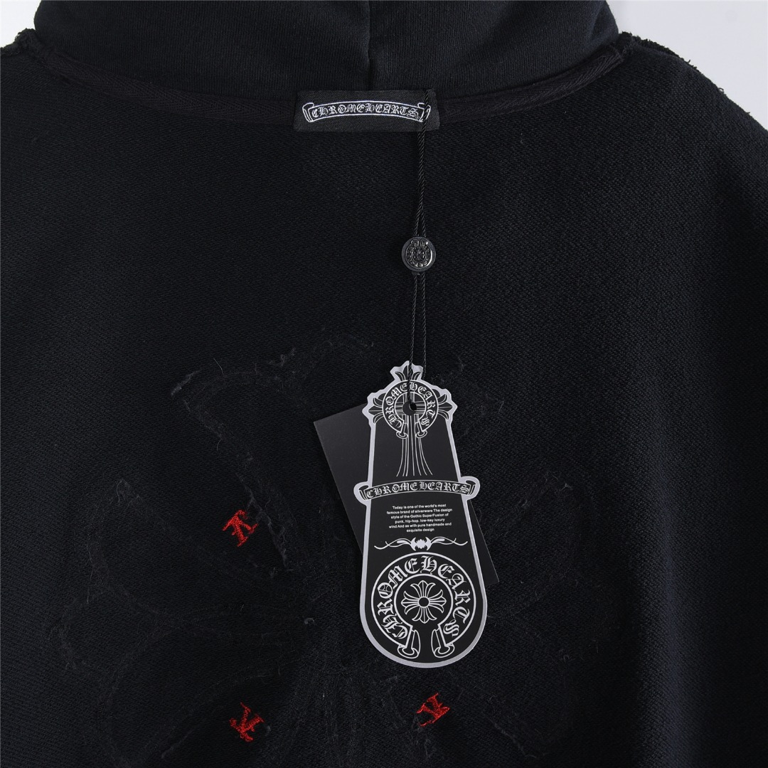 Chrome Hearts/克罗心 重工十字架贴布绣水洗烧花破洞连帽卫衣 水洗黑 水洗白