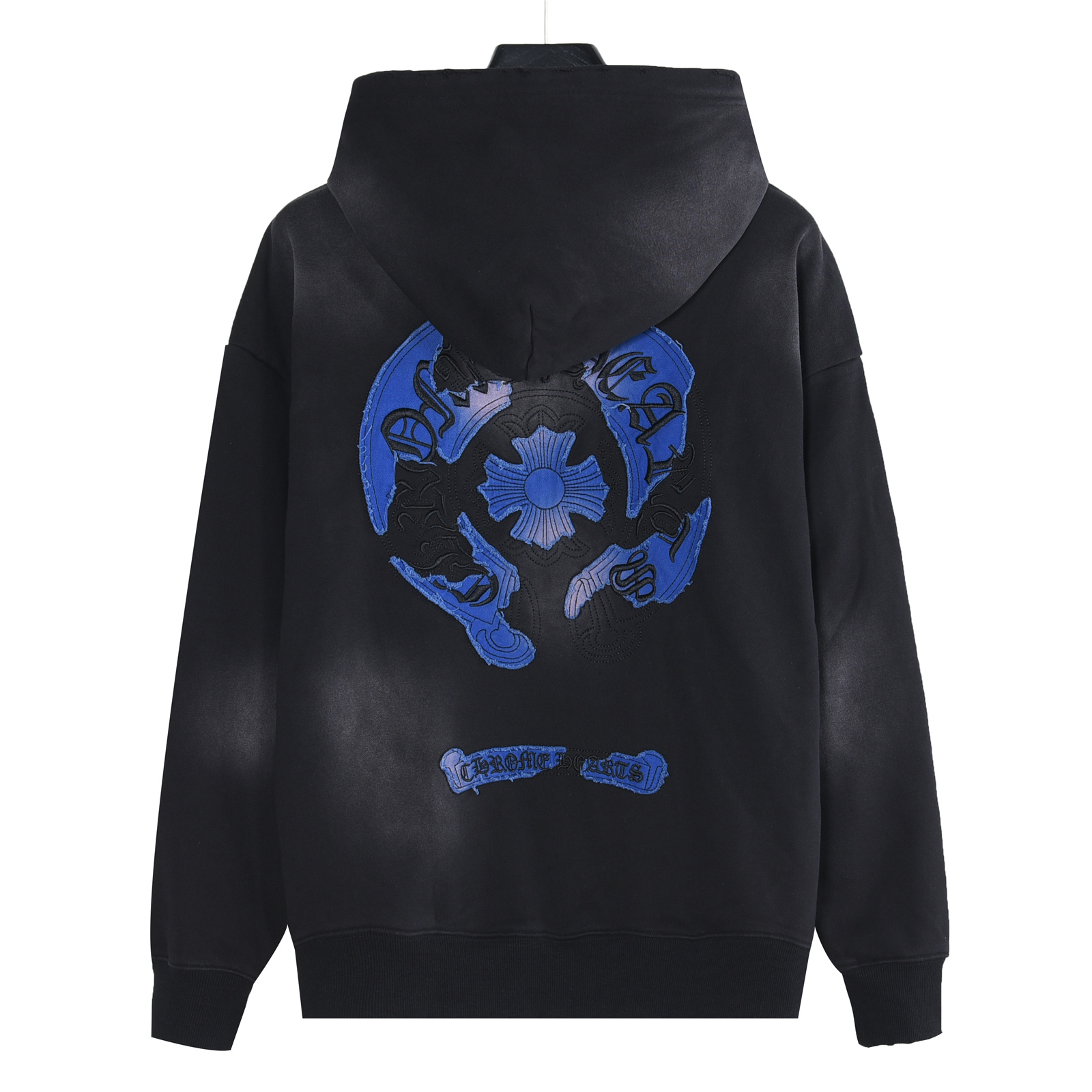Chrome Hearts/克罗心 重工水洗马蹄梵文牛仔贴布刺绣连帽卫衣水洗黑 水洗白