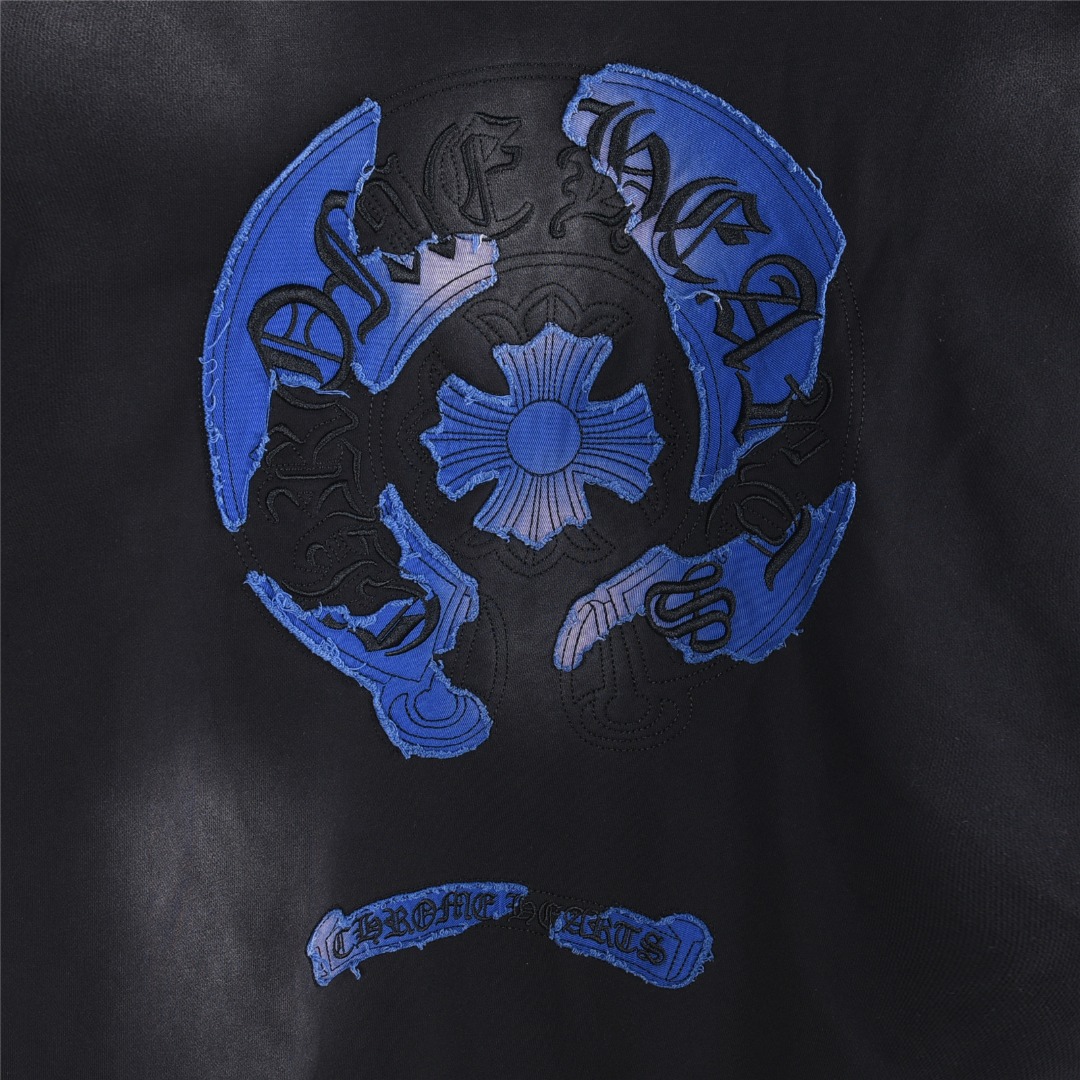 Chrome Hearts/克罗心 重工水洗马蹄梵文牛仔贴布刺绣连帽卫衣水洗黑 水洗白