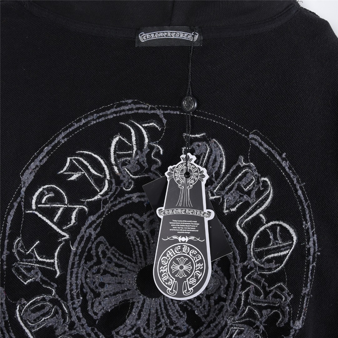 Chrome Hearts/克罗心 重工水洗马蹄梵文牛仔贴布刺绣连帽卫衣水洗黑 水洗白