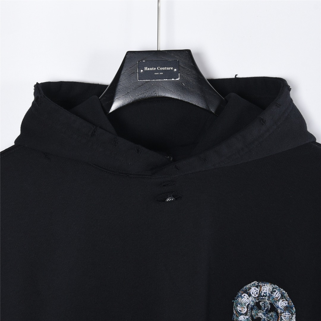 Chrome Hearts/克罗心 重工马蹄标识贴布刺绣水洗烧花连帽卫衣 水洗黑 水洗白