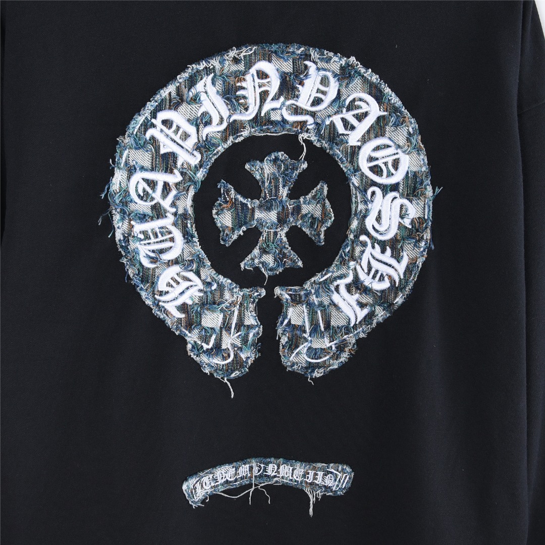 Chrome Hearts/克罗心 重工马蹄标识贴布刺绣水洗烧花连帽卫衣 水洗黑 水洗白