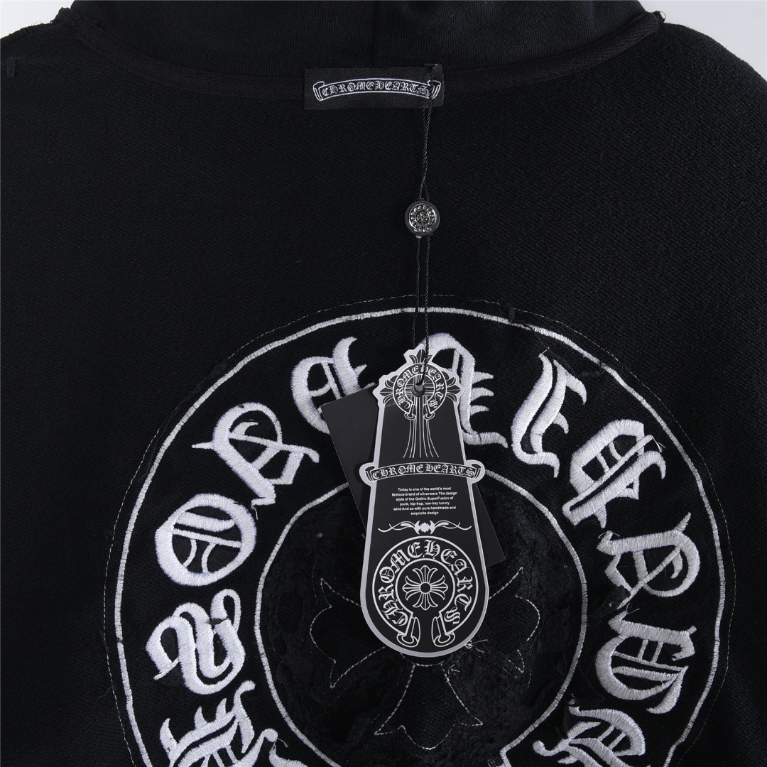 Chrome Hearts/克罗心 重工马蹄标识贴布刺绣水洗烧花连帽卫衣 水洗黑 水洗白