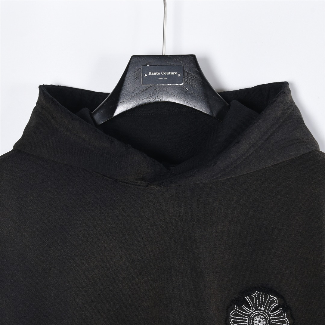 Chrome Hearts/克罗心 重工十字架标识贴布刺绣水洗烧花连帽卫衣 水洗黑 水洗白