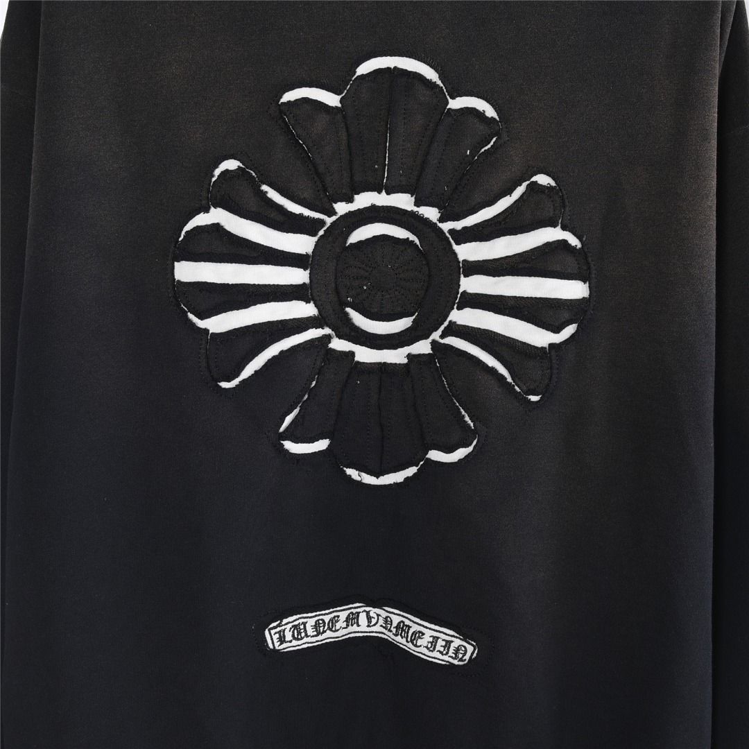 Chrome Hearts/克罗心 重工十字架标识贴布刺绣水洗烧花连帽卫衣 水洗黑 水洗白