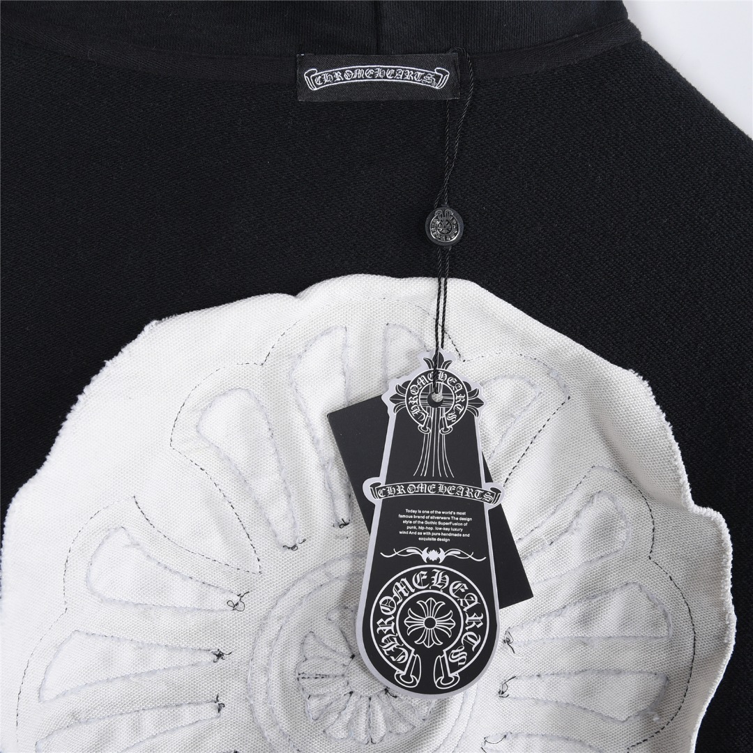 Chrome Hearts/克罗心 重工十字架标识贴布刺绣水洗烧花连帽卫衣 水洗黑 水洗白
