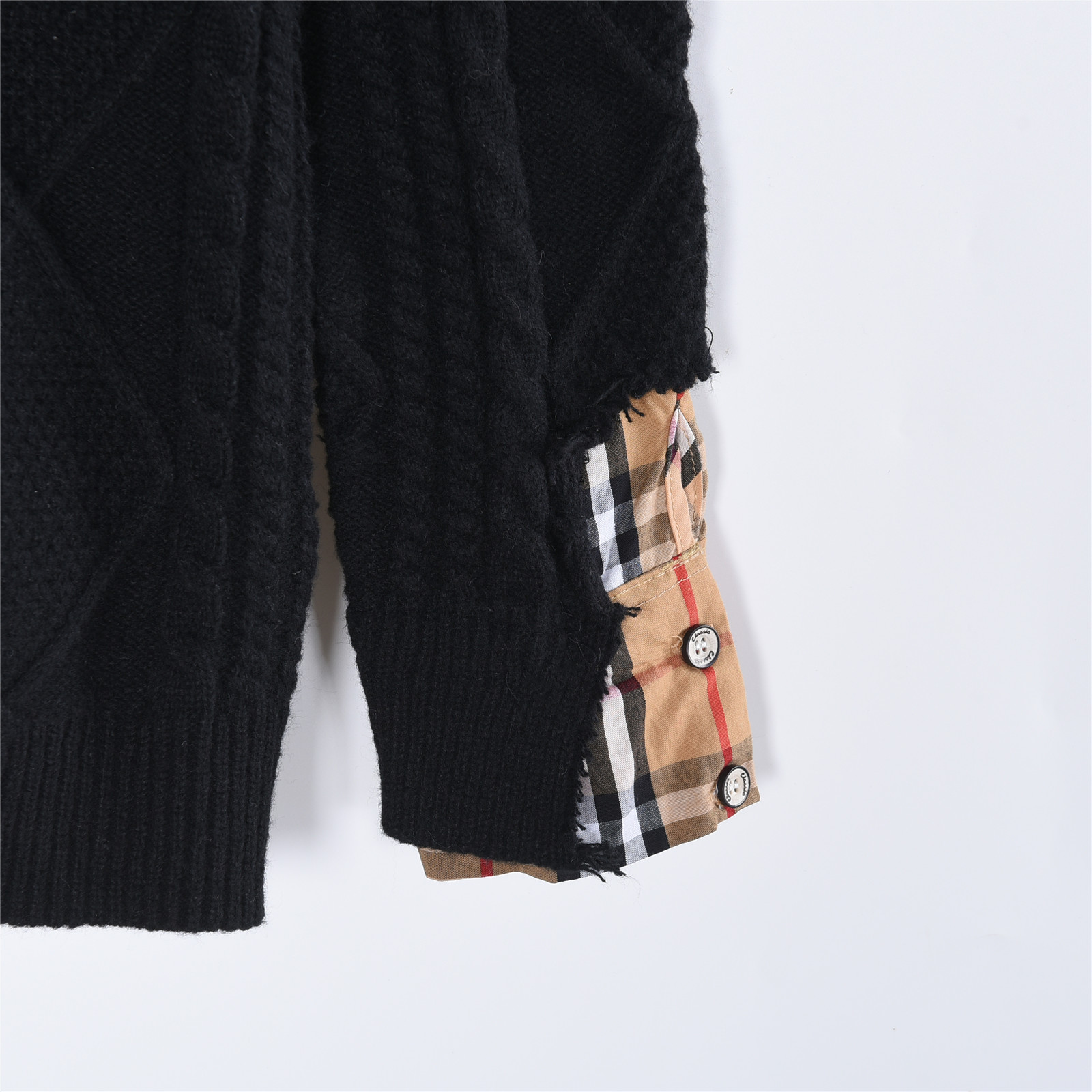 Burberry/巴宝莉 假两件格纹拼接圆领毛衣 拼接圆领毛衣 黑色