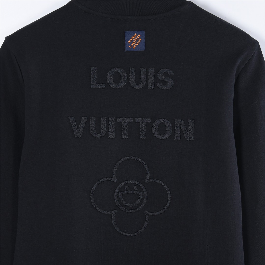 Louis Vuitton/路易威登 暗纹四叶草及logo字母榻榻米刺绣长袖T恤 黑色 白色