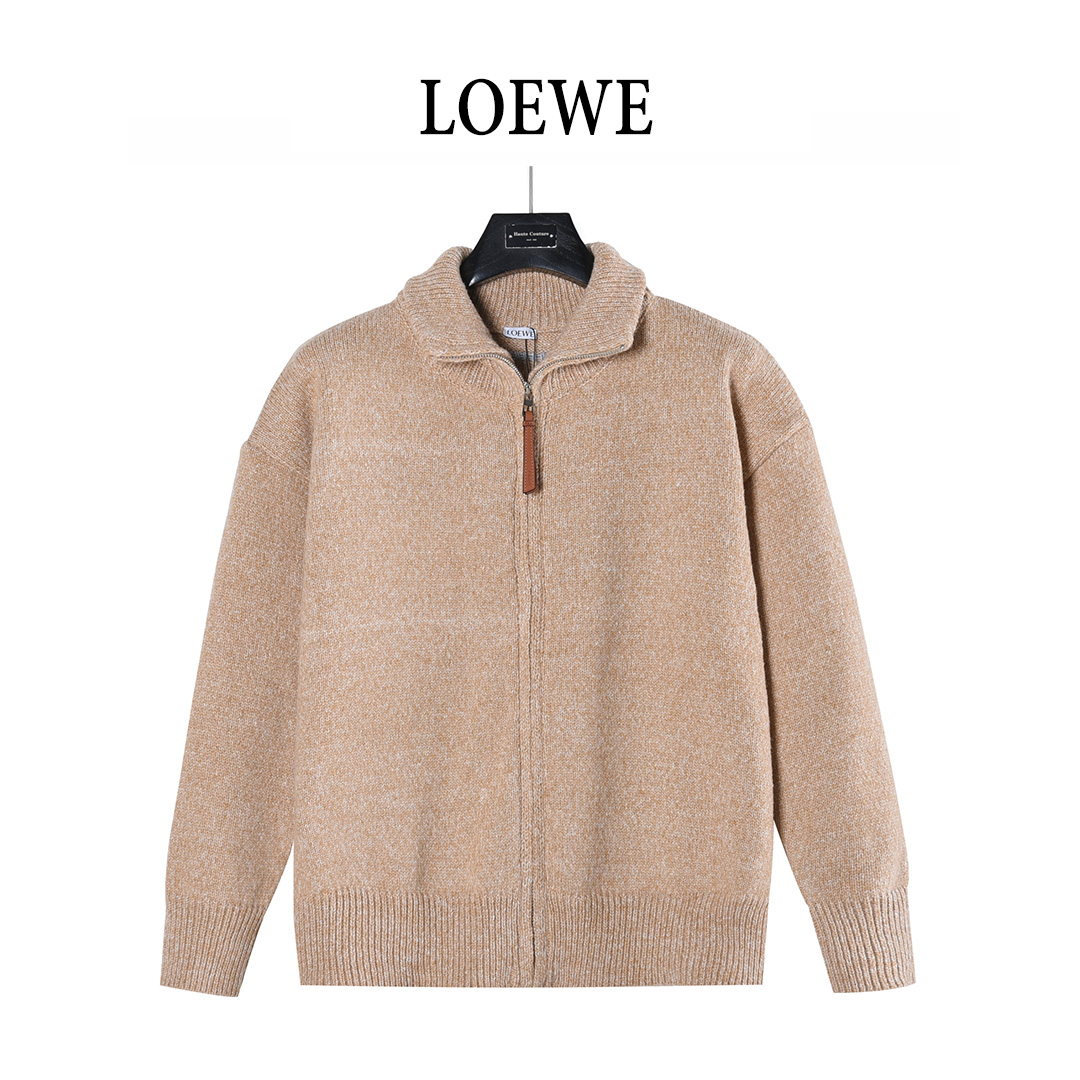 Lowew/罗意威 后背徽标提花羊毛混纺高领拉链毛衣外套 卡其