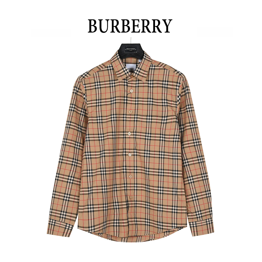 Burberry/巴宝莉 经典口袋小格纹棉质长袖衬衫 卡其小格