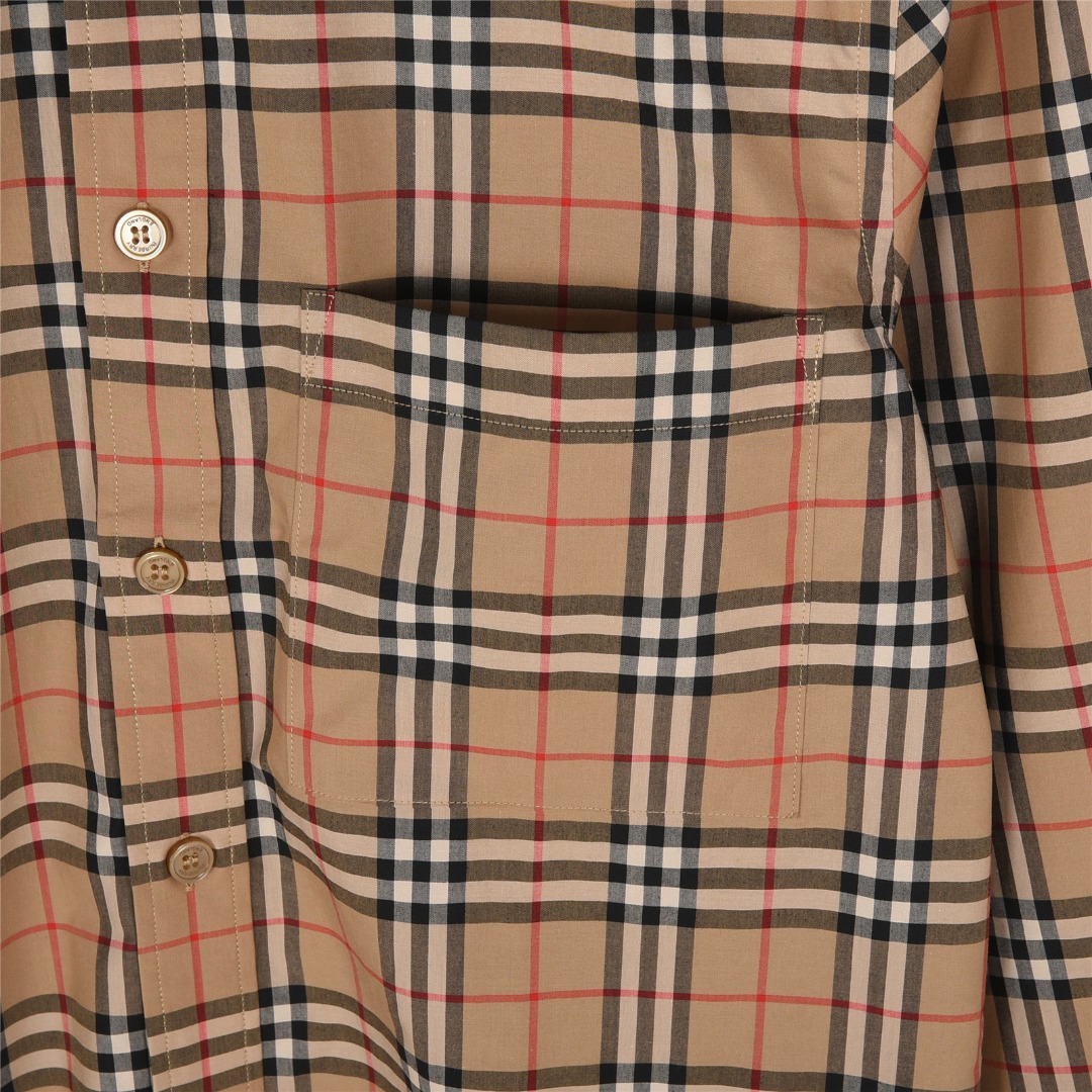 Burberry/巴宝莉 经典口袋小格纹棉质长袖衬衫 卡其小格