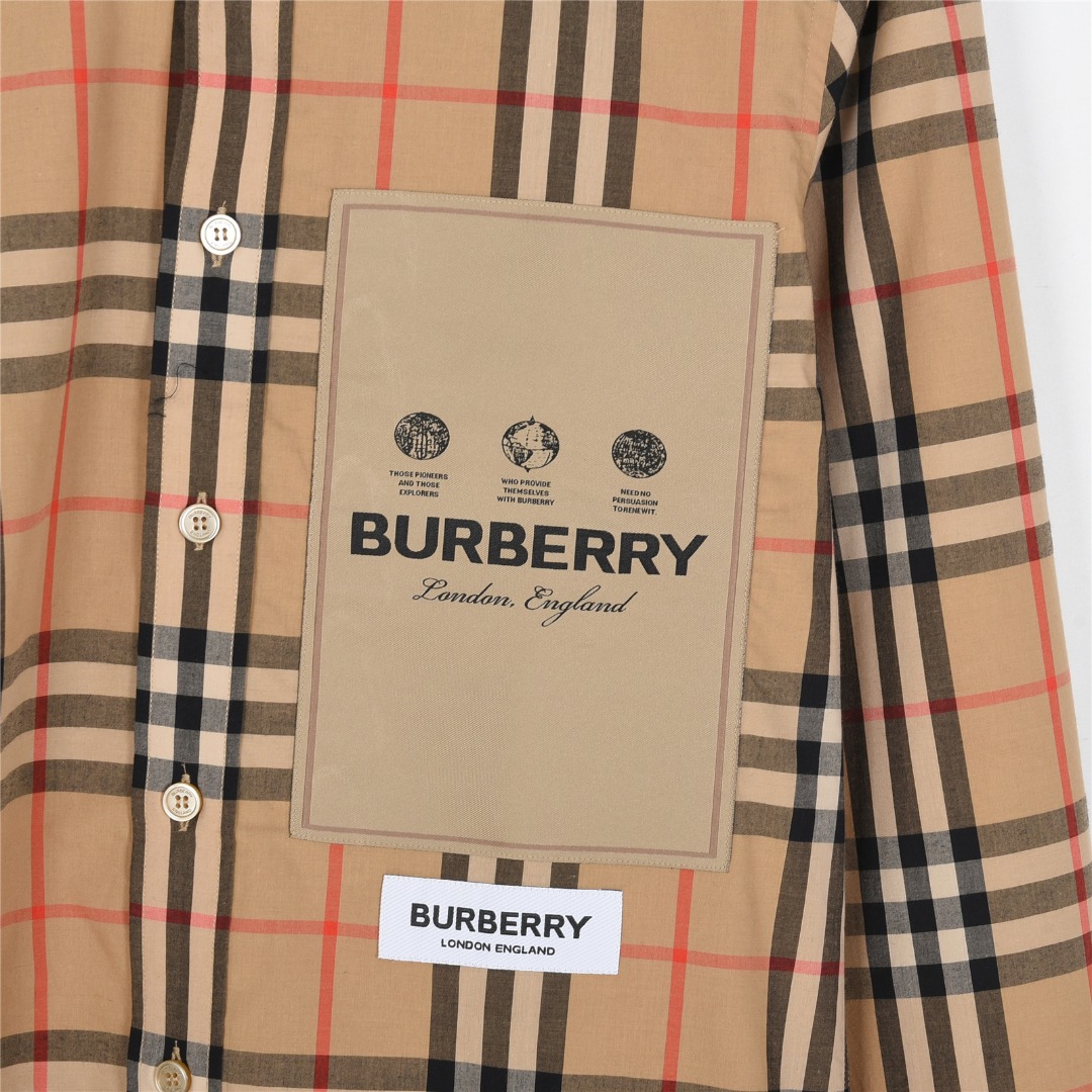 Burberry/巴宝莉 标签贴布格纹棉质长袖衬衫