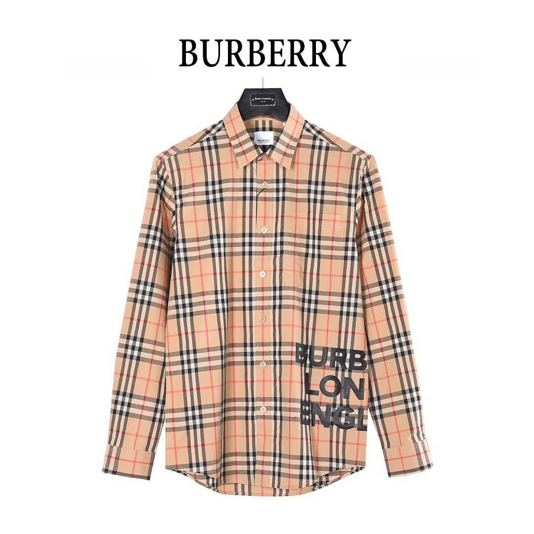 Burberry/巴宝莉 下摆字母烫画格纹棉质长袖衬衫 Burberry/巴宝莉 下摆字母烫画格纹棉质长袖衬衫