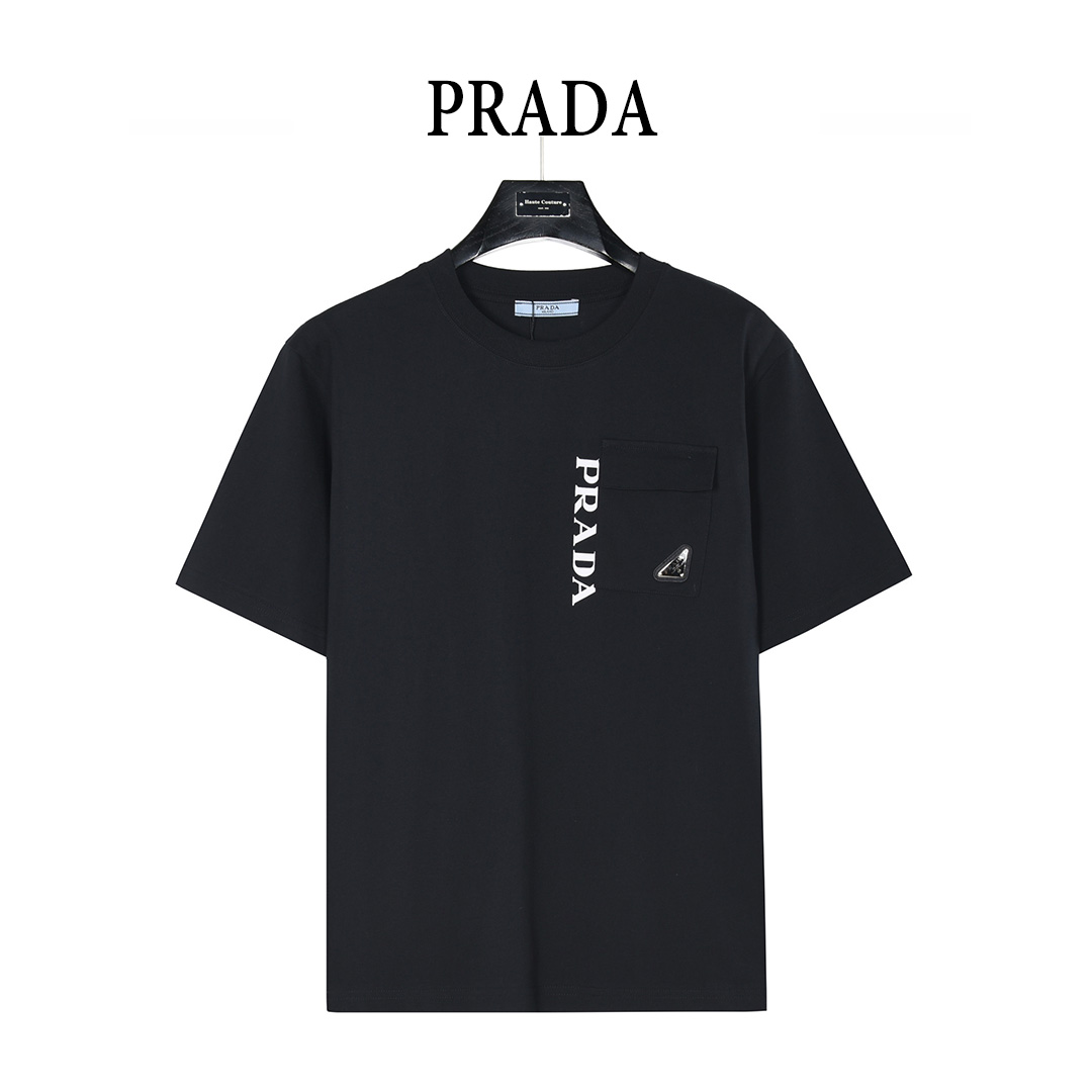 PRADA/普拉达 字母印花口袋三角标镶嵌短袖T恤黑色 白色 PRADA/普拉达 字母印花口袋三角标镶嵌短袖T恤黑色 白色