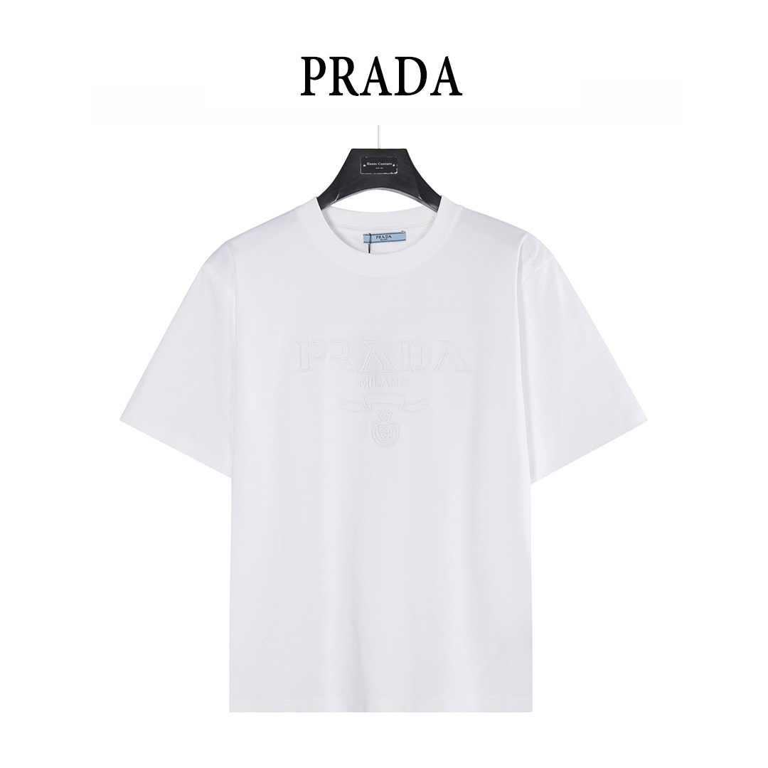 PRADA/普拉达 暗纹徽标logo刺绣短袖T恤 黑色 白色 PRADA/普拉达 暗纹徽标logo刺绣短袖T恤 黑色 白色
