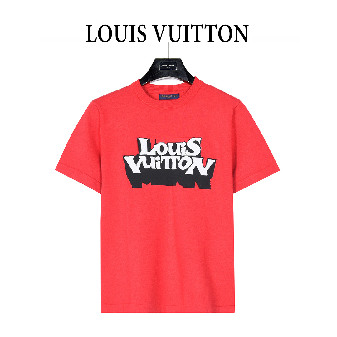 LouisVuitton/路易威登 字母重影提花针织短袖T恤 红色 黑色 LouisVuitton/路易威登 字母重影提花针织短袖T恤 红色 黑色