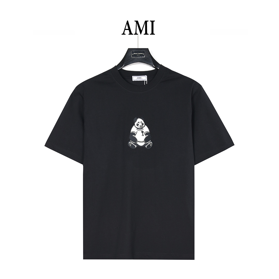 AMI 熊猫图案刺绣短袖短袖T恤 黑色 白色 AMI 熊猫图案刺绣短袖短袖T恤 黑色 白色