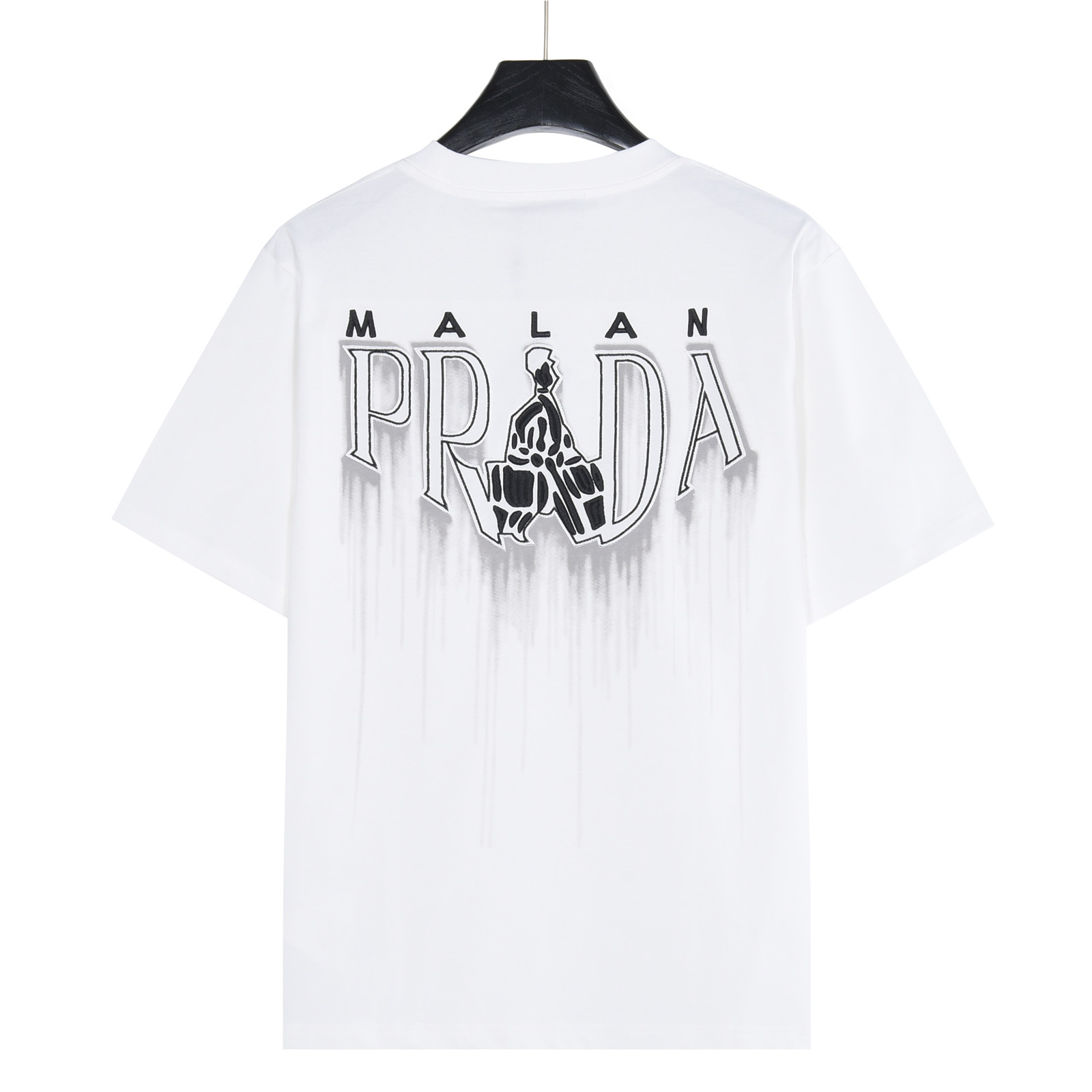 Prada/普拉达 小人及后背贴布泼墨刺绣字母短袖T恤 白色 黑色