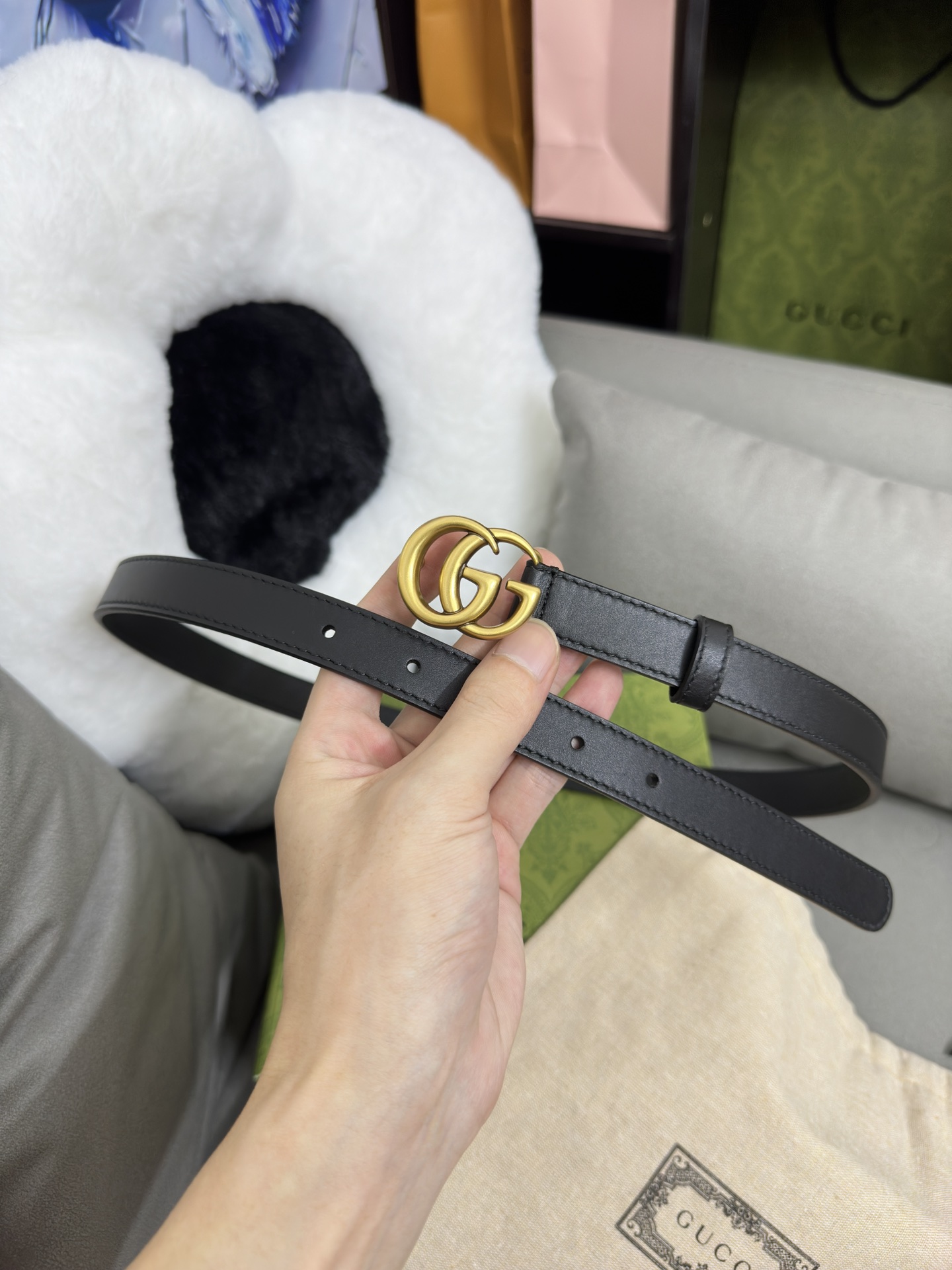 Gucci 古奇 细纹小牛皮，内衬进口专用底 宽2.0cm GG扣