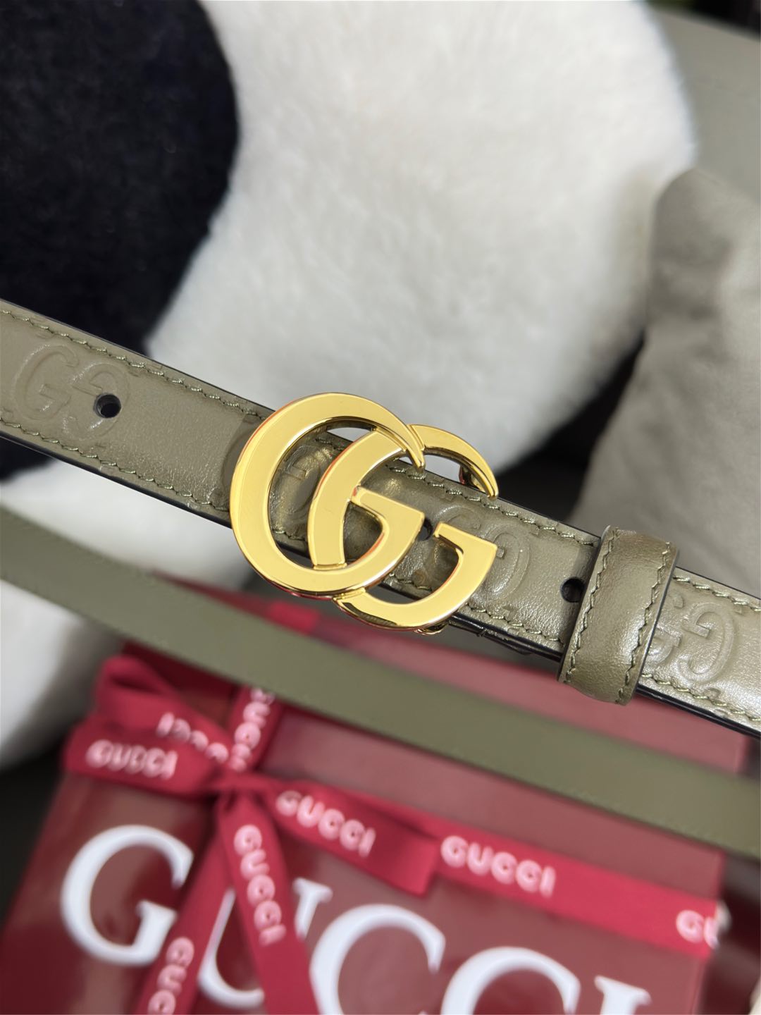  Gucci 鼠尾草绿GG压花  宽度 2.0cm  平面GG扣