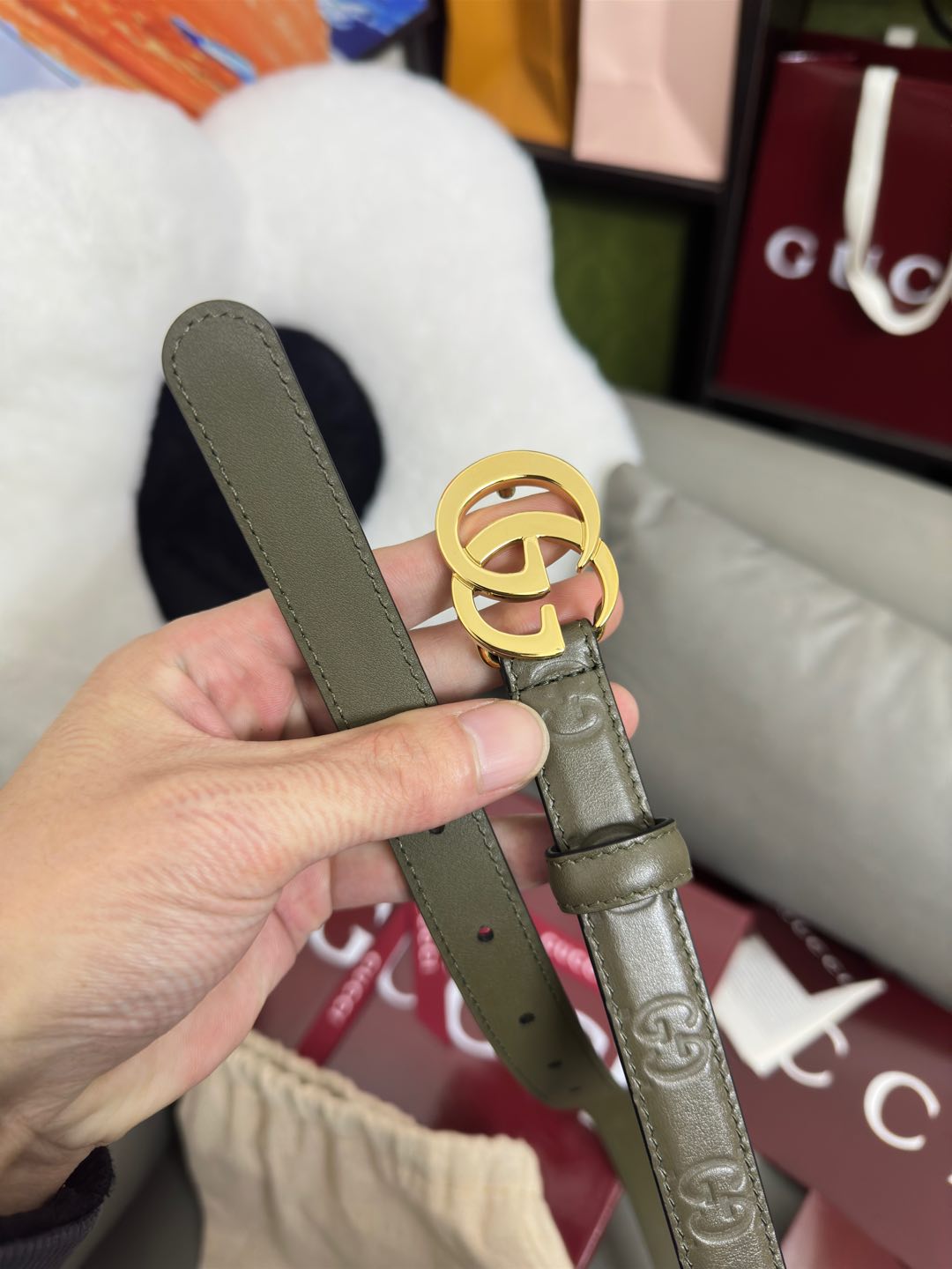  Gucci 鼠尾草绿GG压花  宽度 2.0cm  平面GG扣