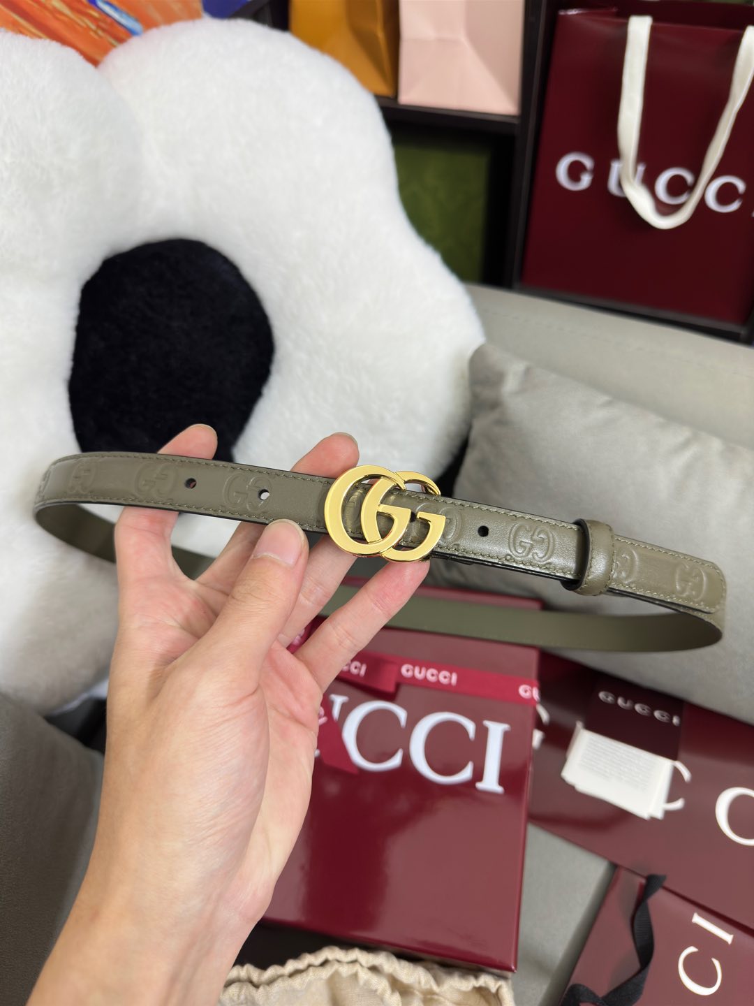  Gucci 鼠尾草绿GG压花  宽度 2.0cm  平面GG扣