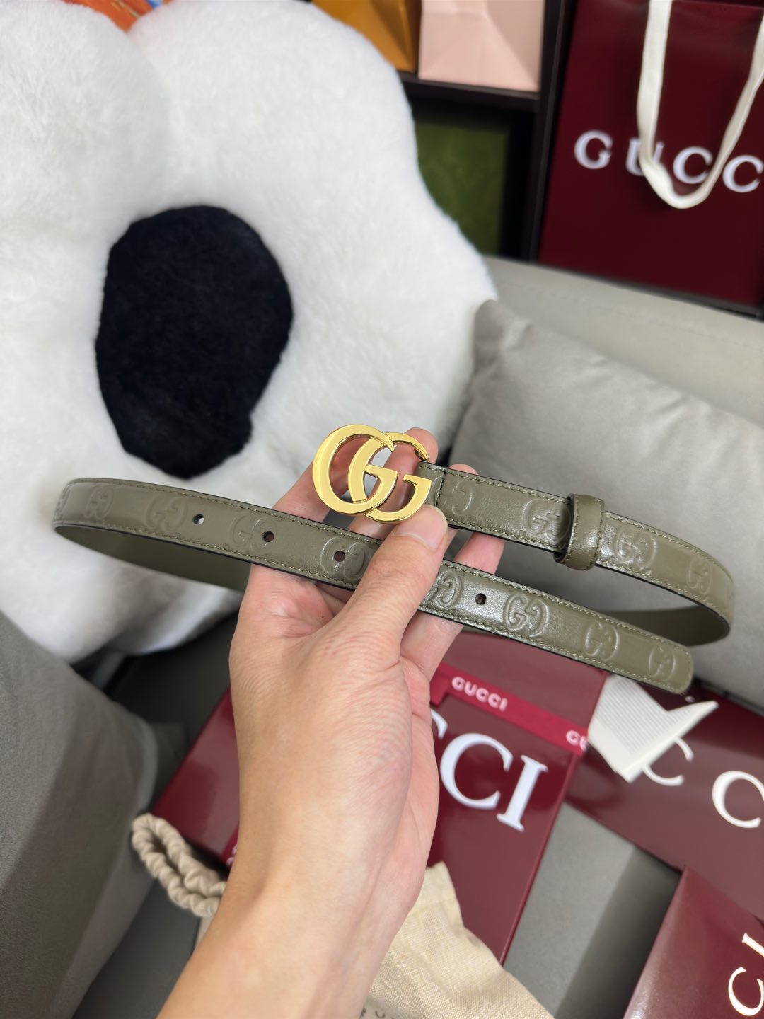  Gucci 鼠尾草绿GG压花  宽度 2.0cm  平面GG扣