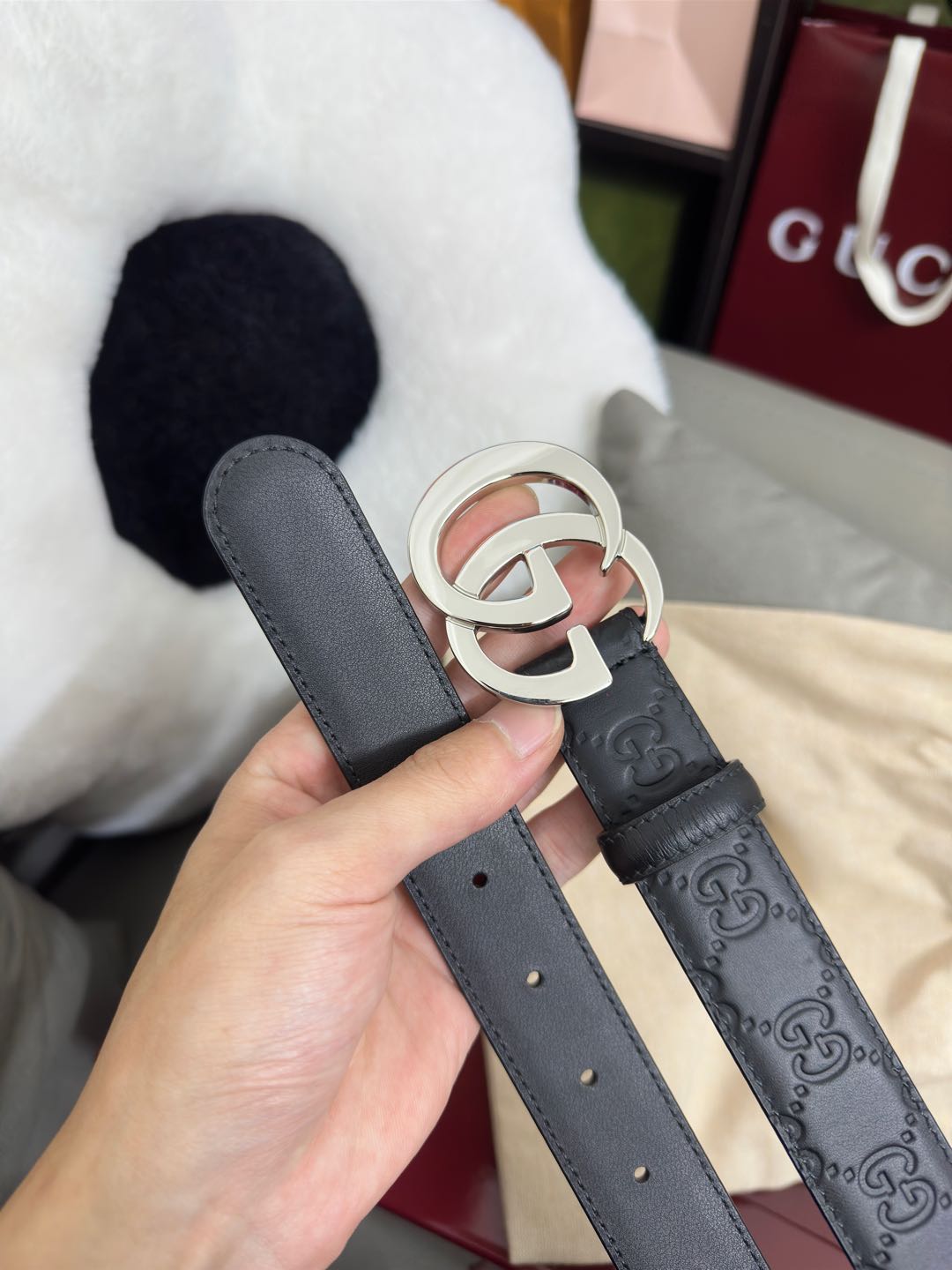  Gucci  百搭黑色GG压花  宽度 3.0cm  平面GG扣