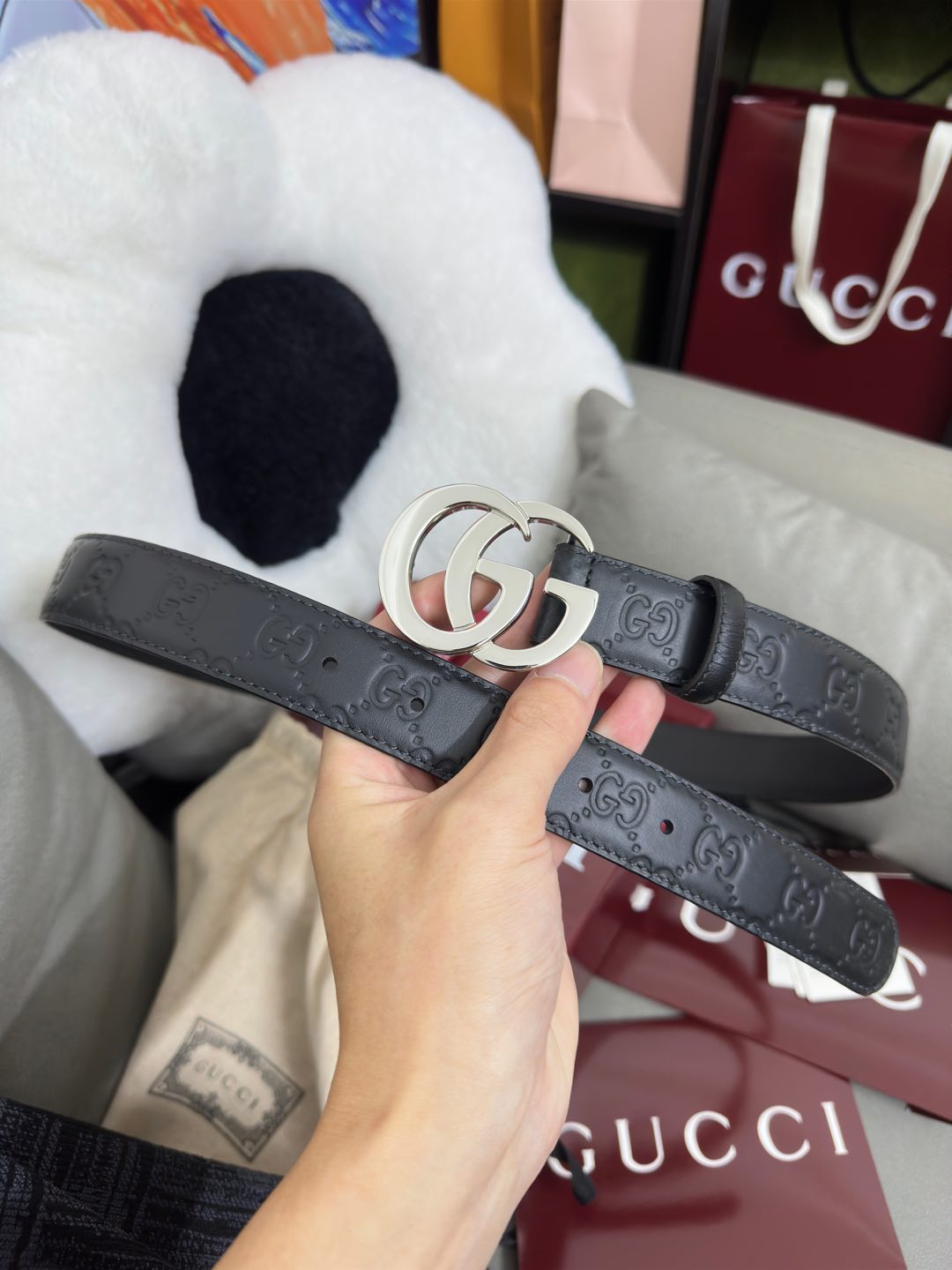  Gucci  百搭黑色GG压花  宽度 3.0cm  平面GG扣