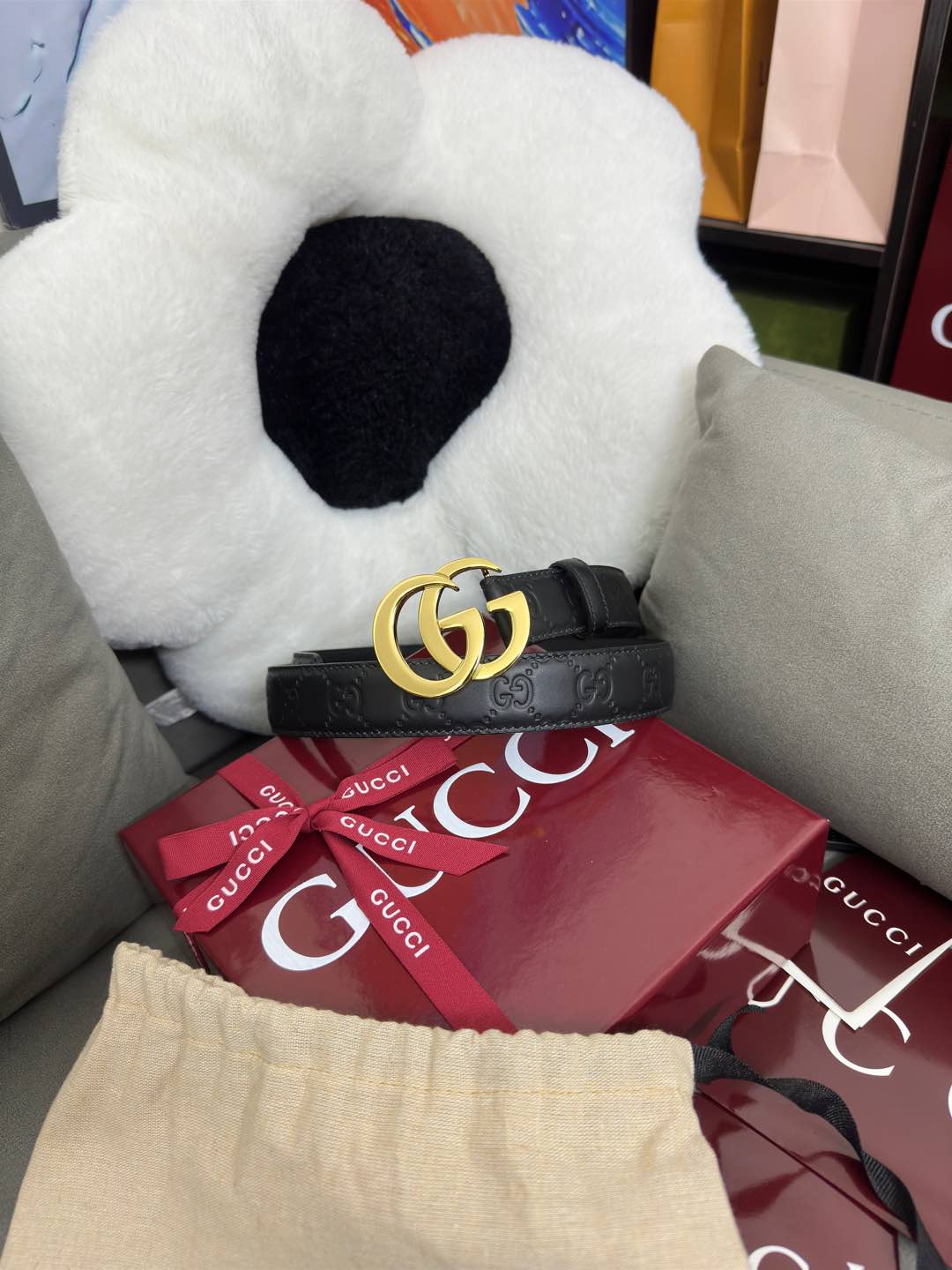  Gucci  百搭黑色GG压花  宽度 3.0cm  平面GG扣
