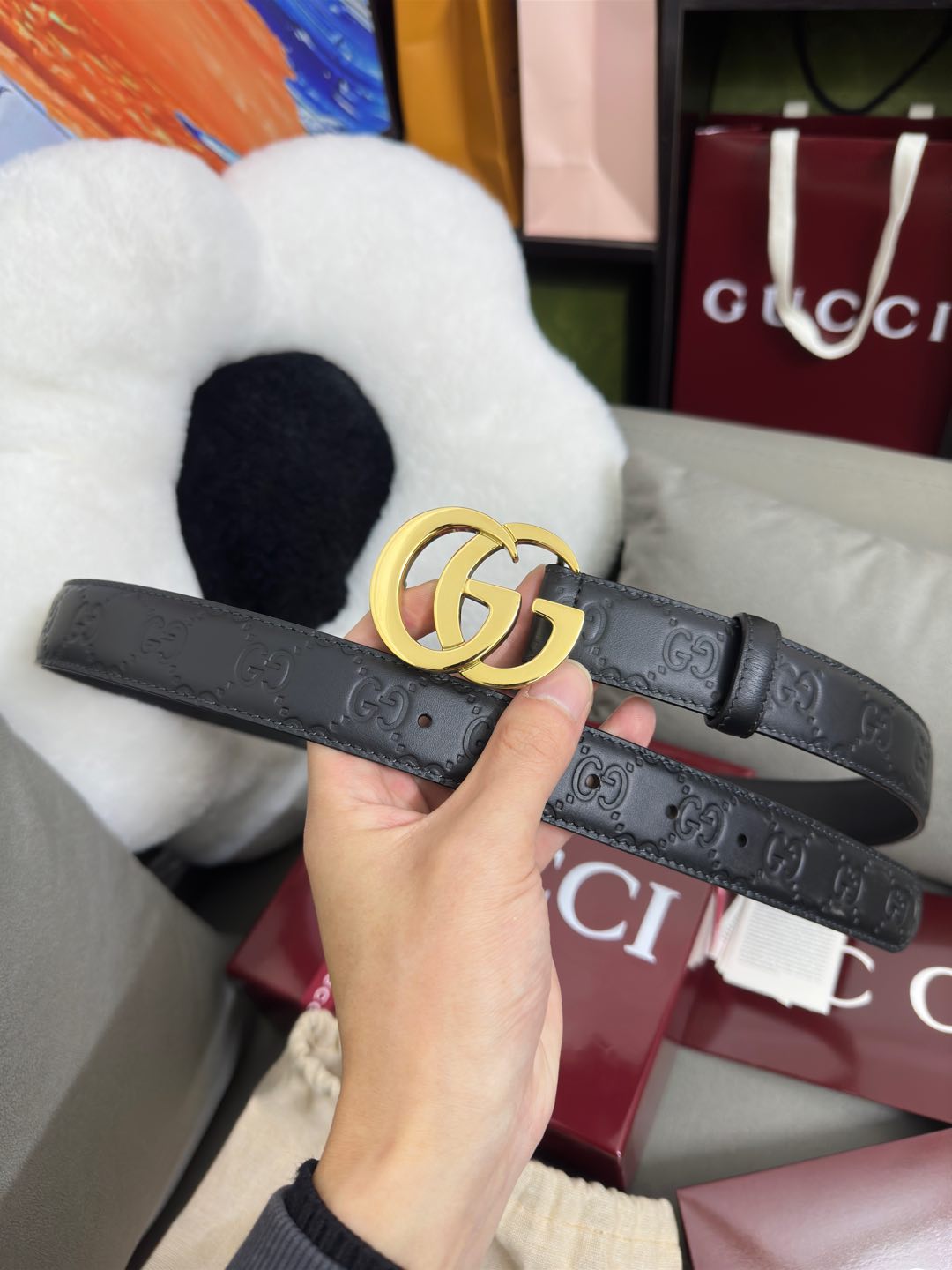  Gucci  百搭黑色GG压花  宽度 3.0cm  平面GG扣